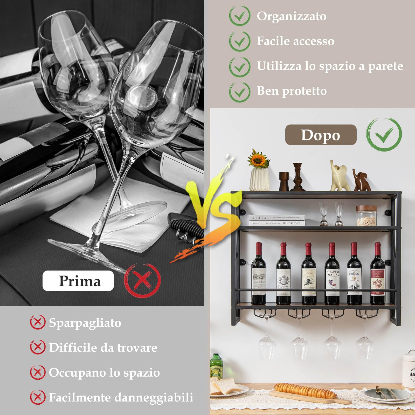 COSTWAY Portabottiglie per Vino da Parete Industriale, Scaffale di Stoccaggio per Vino a Parete a 2/3 Livelli con Porta Calici, in Metallo, per Casa, Bar, Cucina, Ristorante (80 x 20 x 63 cm)
