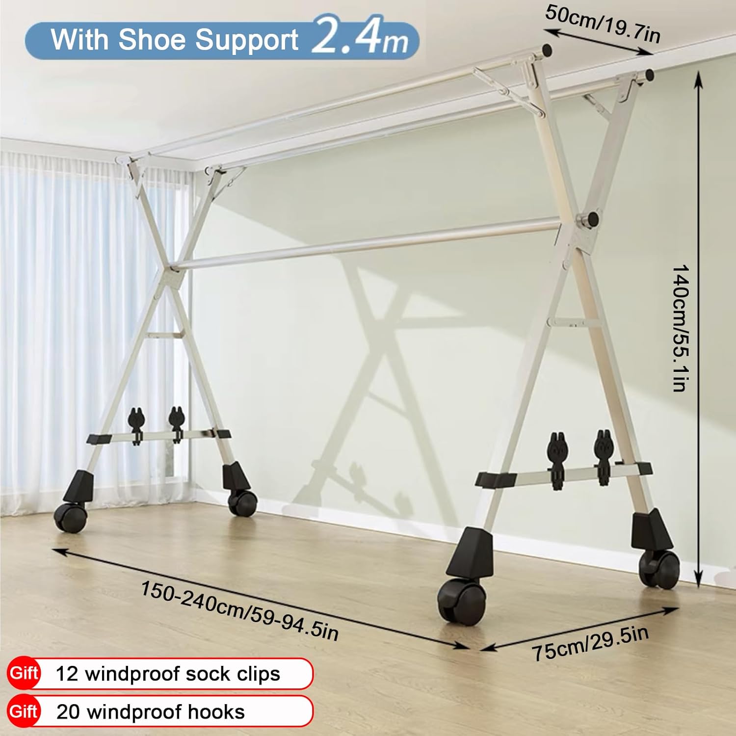 Foldable Retractable Clothes Drying Rack, Stainless Steel Laundry Rack with Windproof Hooks & Sock Clips, Adjustable 1.5-2.4m (4.9-7.8ft) for Efficient Indoor/Outdoor Drying