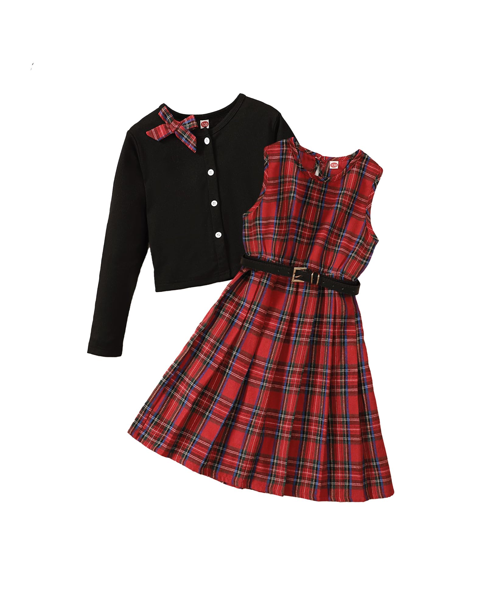 Girls Plaid Dress with Cardigan 3-Piece Outfit Set with Belt Size 7-14