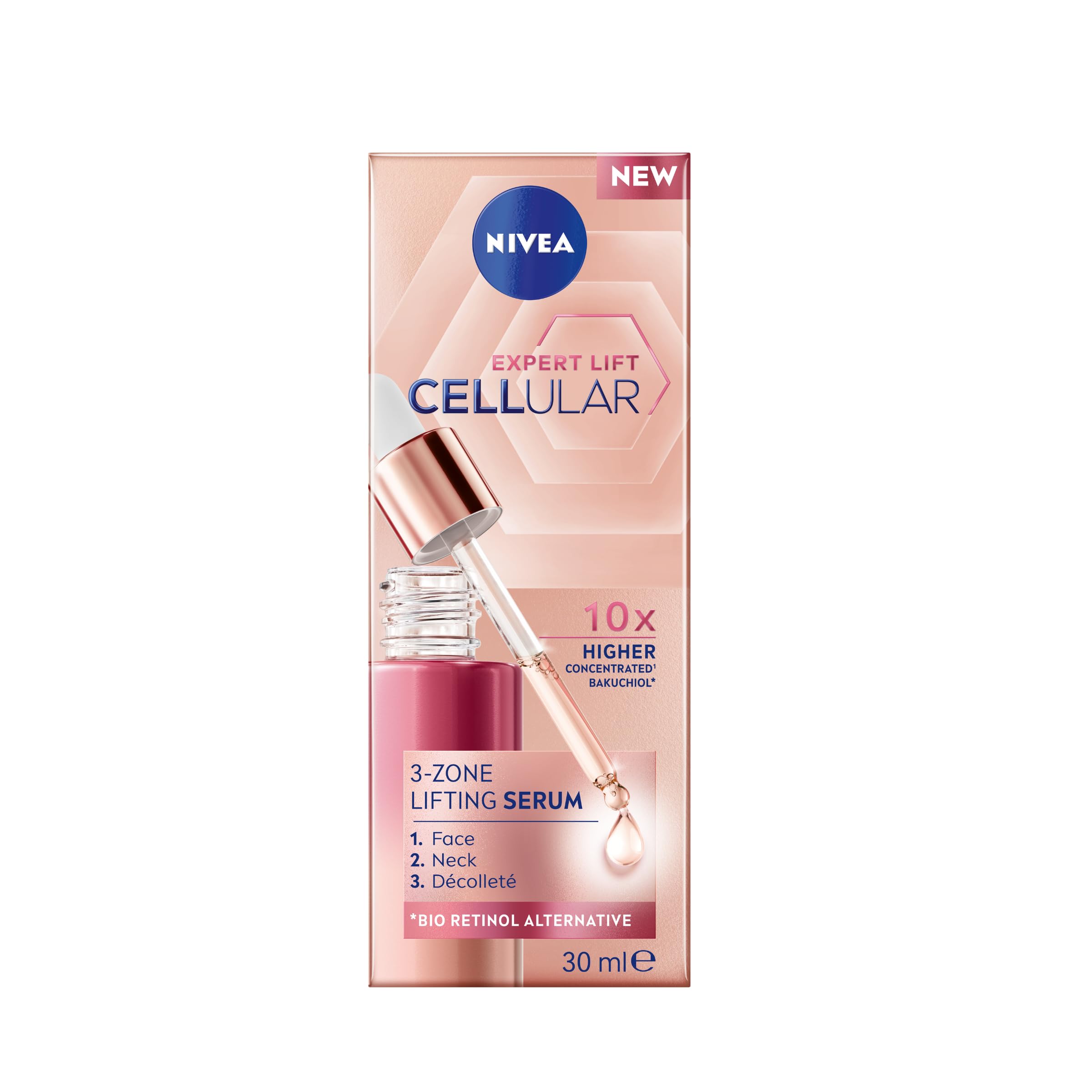 NIVEA Cellular Expert Lift Sérum lifting 3 zones pour le visage 30 ml, bakuchiol pur et acide hyaluronique, sérum raffermissant anti-rides, tous les types de peau