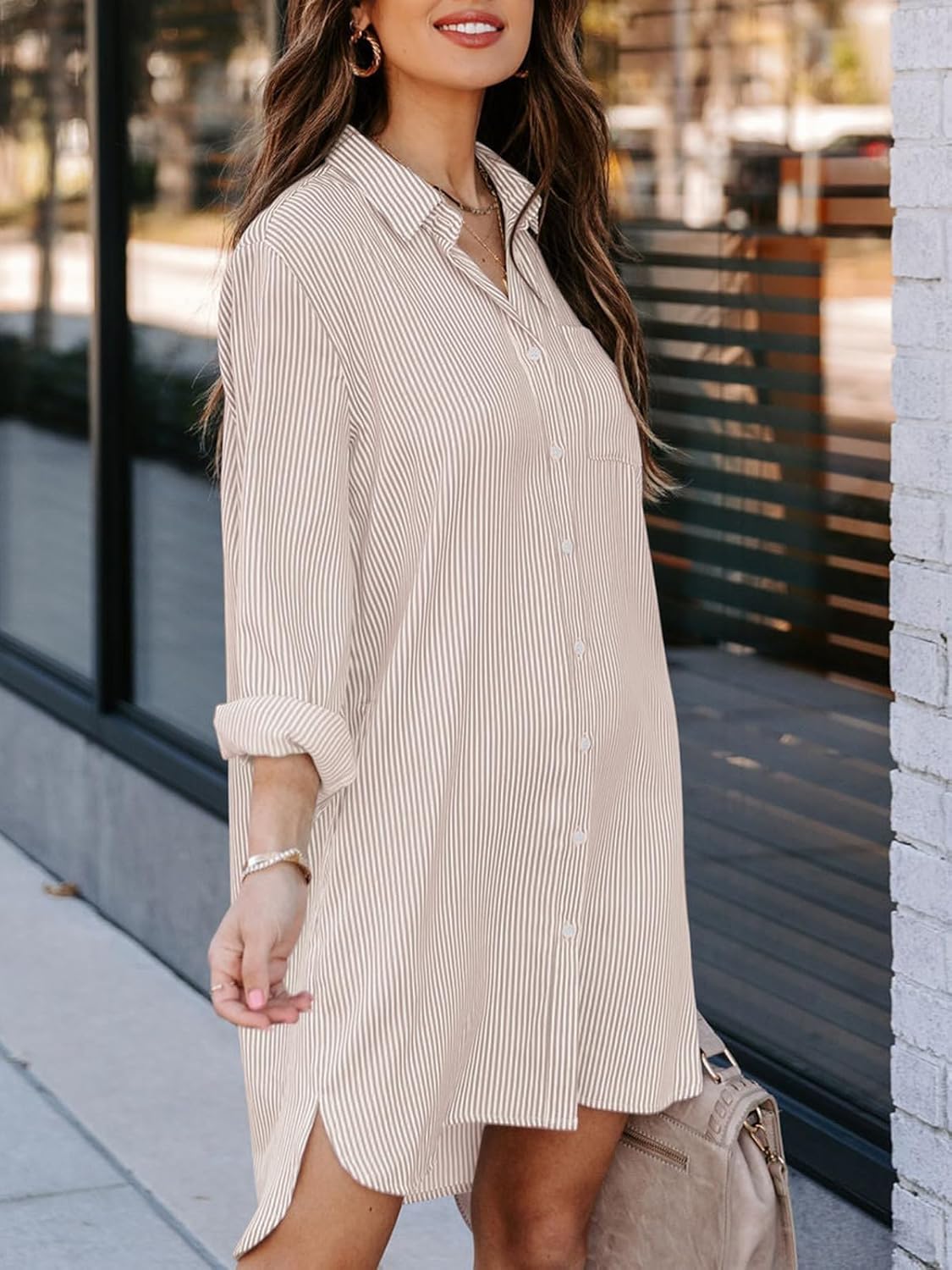 Womens Button Down Shirt Dresses with Pockets Striped Cotton Shirts Collared Long Sleeve High Low Blouse Tops - Image 2