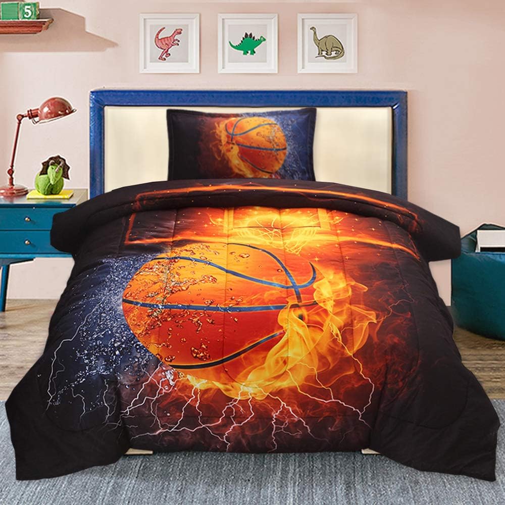 Sisher 3D Basketball Comforter Set Twin, 2-Pieces Ultra Soft Sports Kids Bedding Sets for Boys Teens(1 Comforter with 1 Pillowcase)