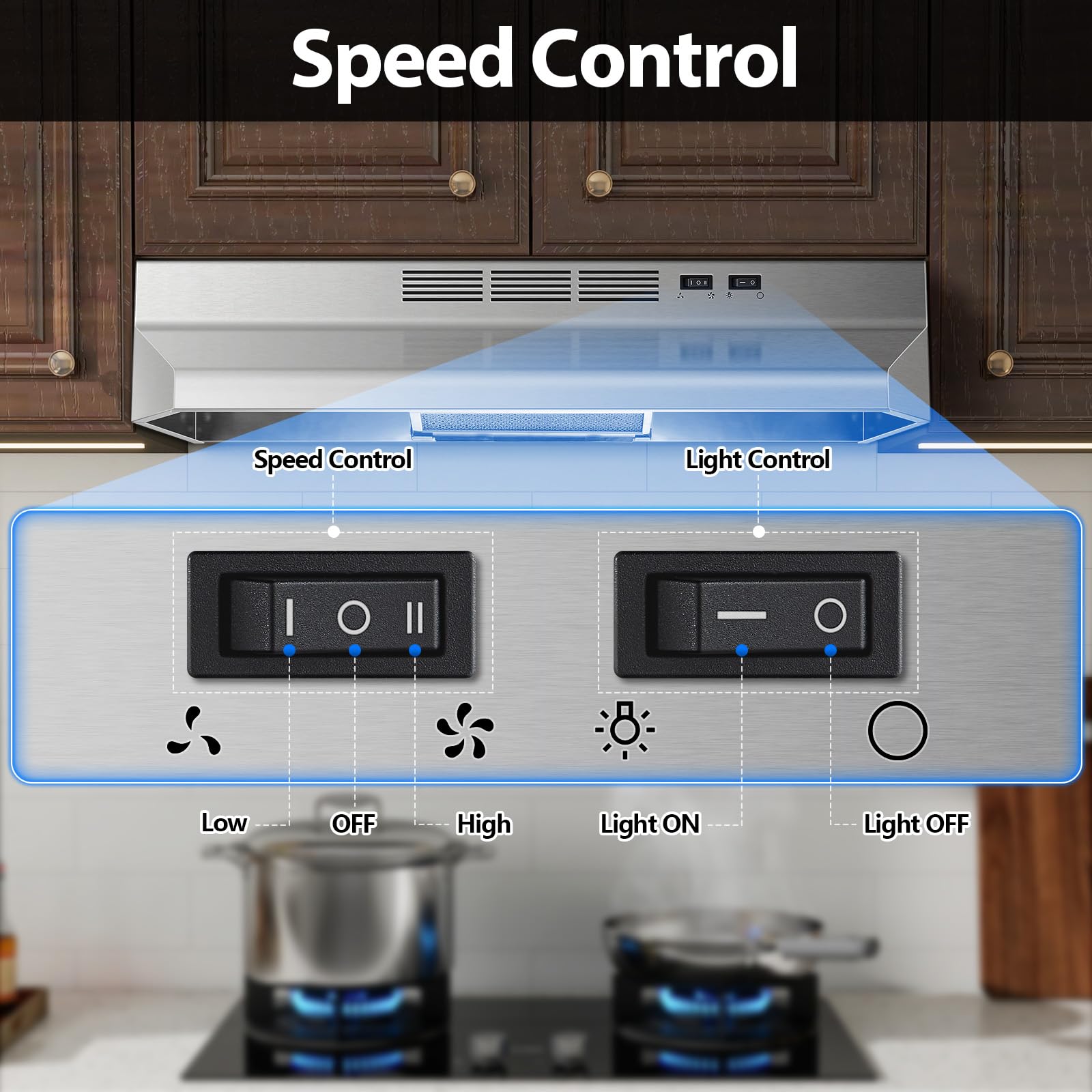 Tieasy 30 inch Range Hood Under Cabinet, 400 CFM Ducted/Ductless Convertible Vent Hood with 2 Speed Exhaust Fan, Rocker Switch Control, Multiple Venting Options, Stainless Steel Kitchen Stove Hood - 3