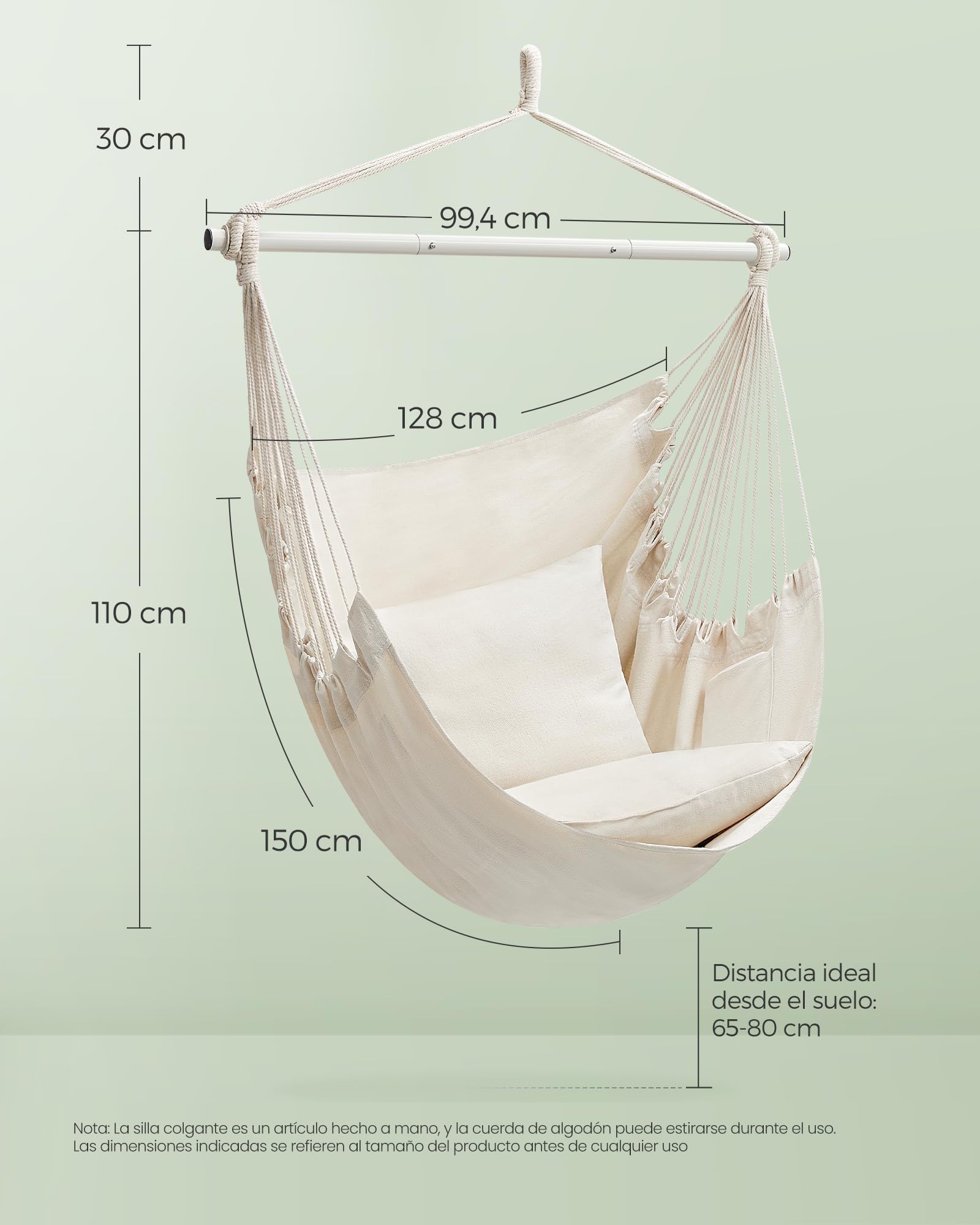 SONGMICS Silla Hamaca, Silla Colgante Grande con 2 Cojines, Silla Colgante con Cadena, Capacidad de Carga 150 kg, para Interior, Exterior, Salón, Dormitorio, Blanco Crema GDC197M01