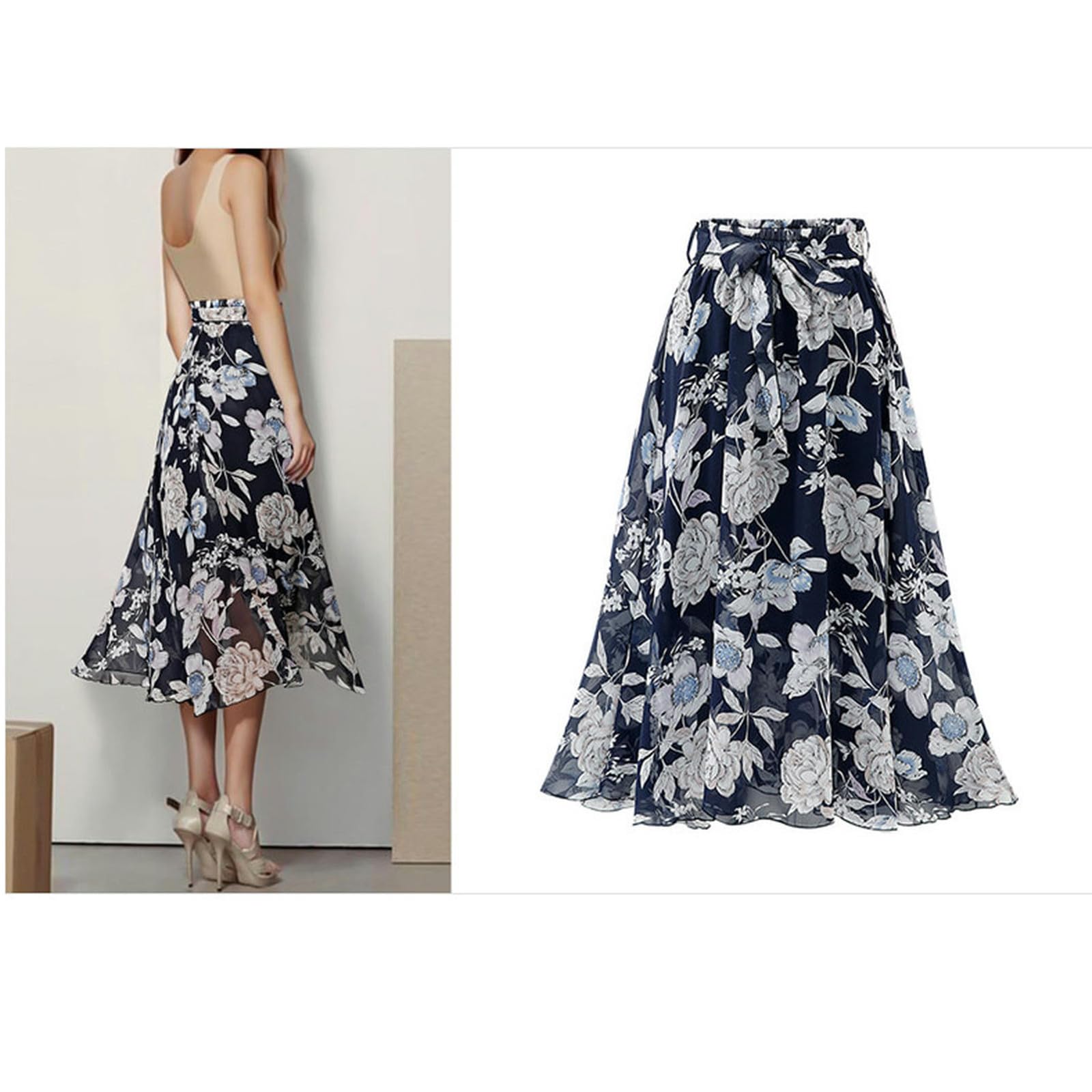 Röcke Frauen In Übergröße Midi Chiffon Rock - Sommer Blumenhoch -Taille Slim A -line -Rock Frauenröcke-rosa-5xl