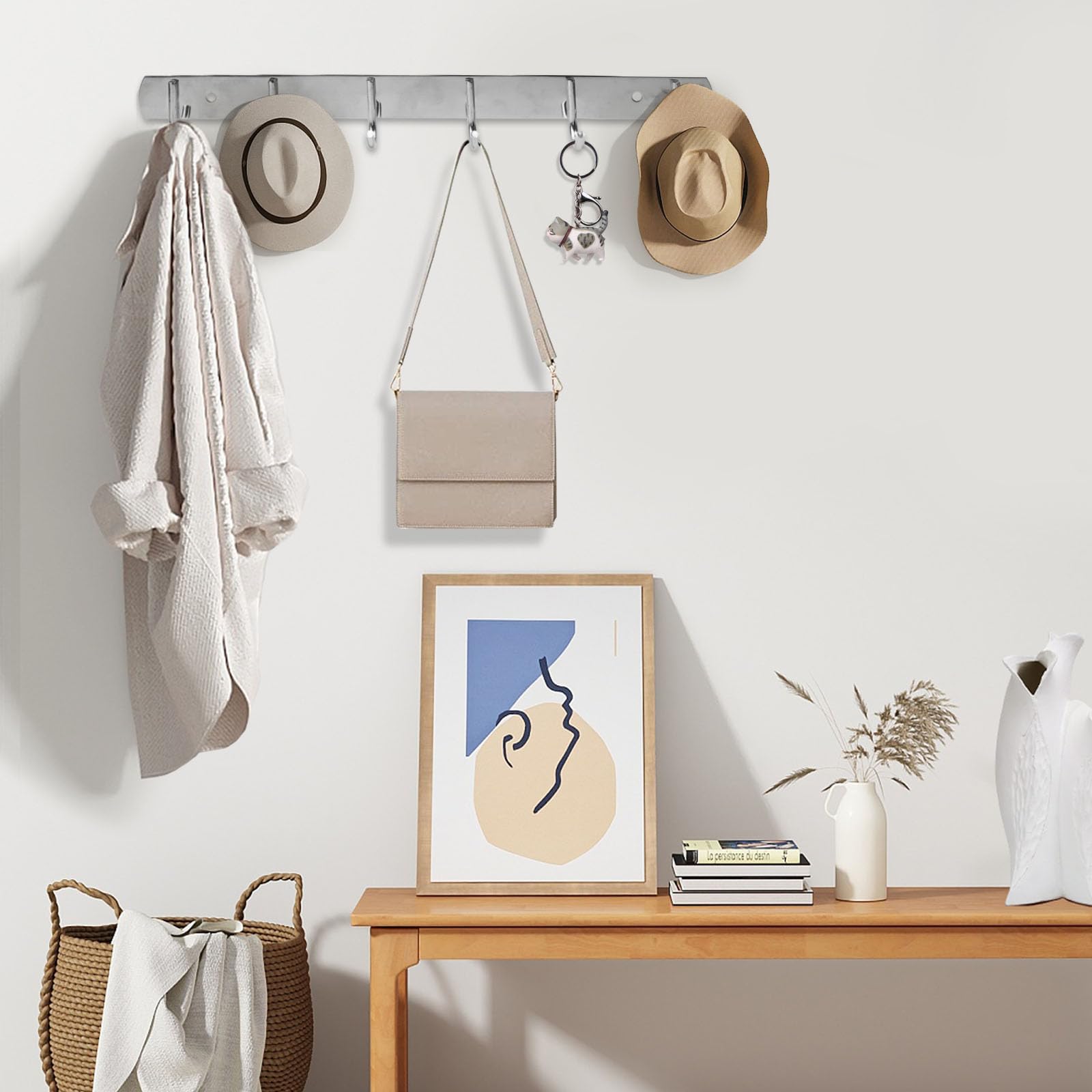 JOLY FANG Haaklijst, roestvrij staal, garderobehaken, geborstelde kledinghaken, voor slaapkamer, badkamer, keuken (zilver, 8 haken, 2 stuks), PG-01