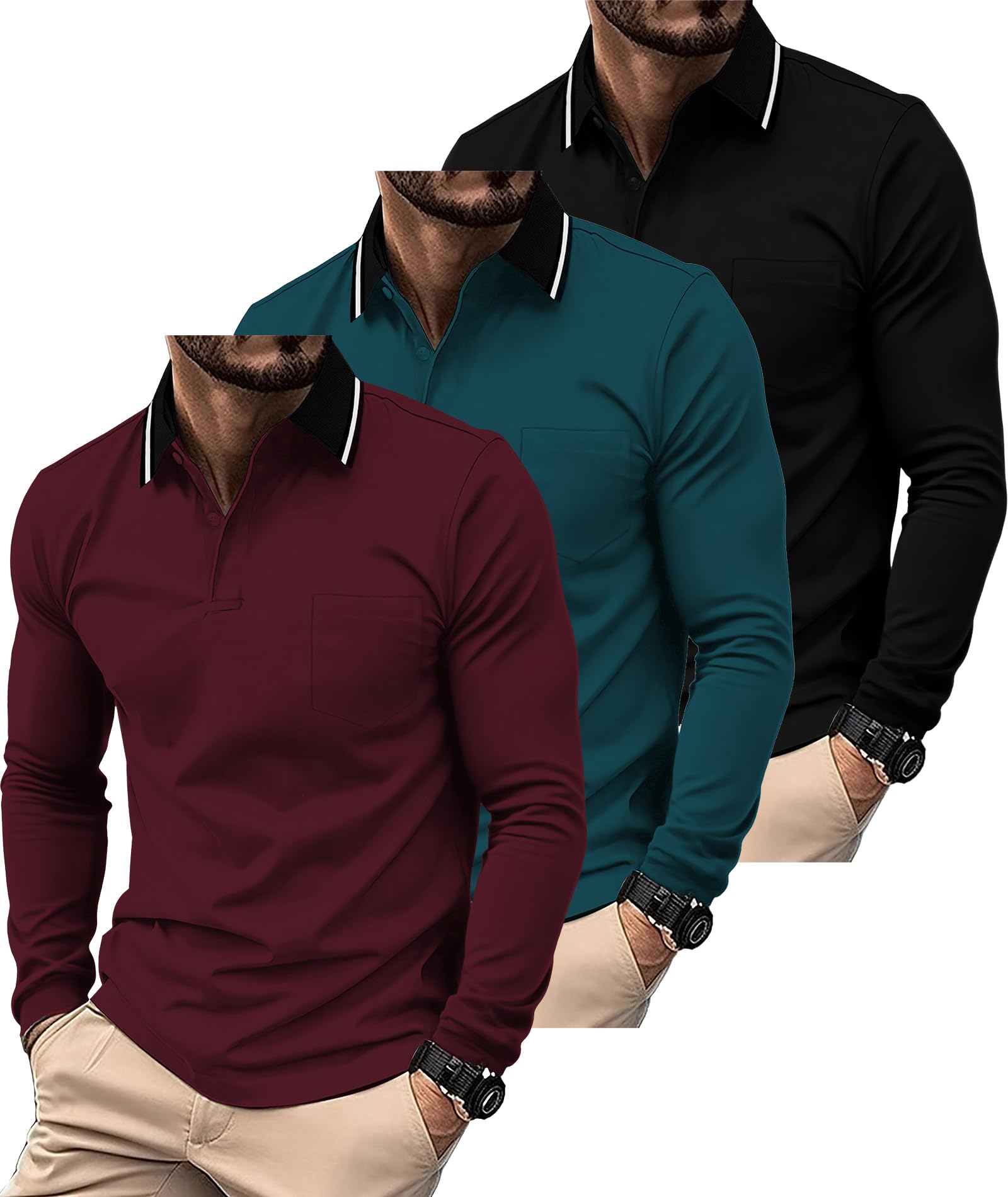 SwissWell 3er Pack Poloshirt Herren Langarm mit Brusttasche Golf Polo T-Shirt Atmungsaktives Leichtes Polohemd für Business Casual