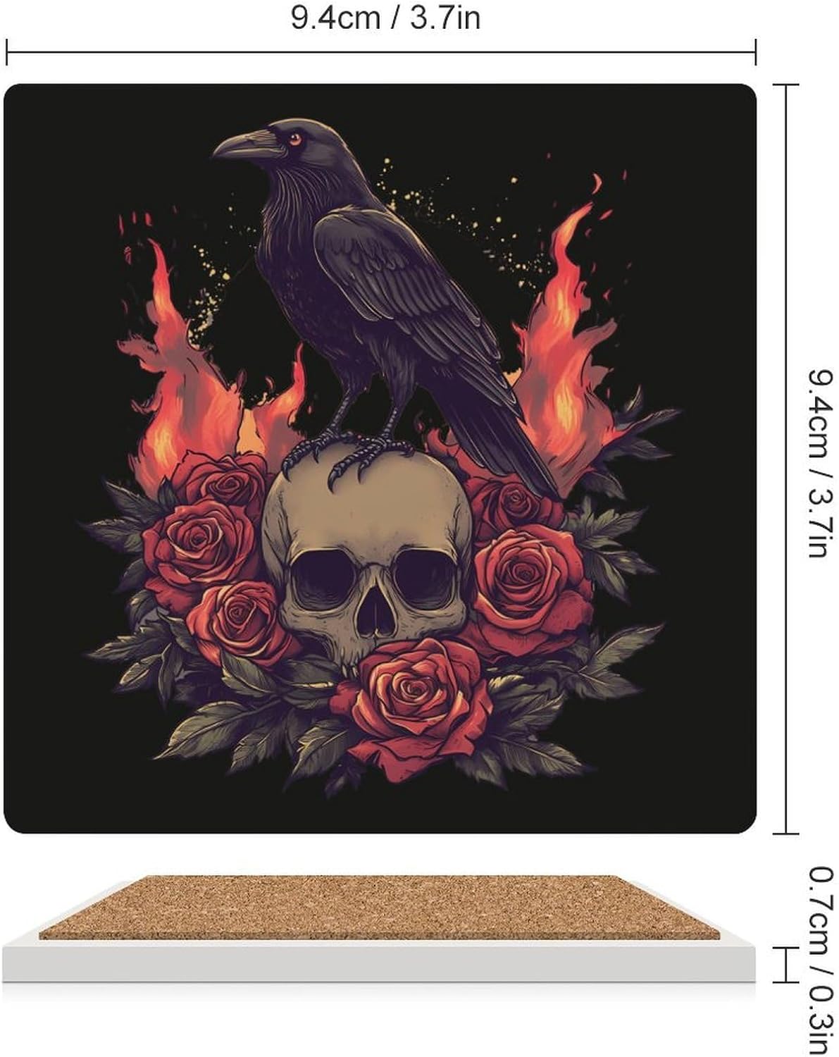 Gothic Skull Black Crow Ceramic Coasters Set Square Drink Coasters Table Coaster for Kitchen Desktop Decor