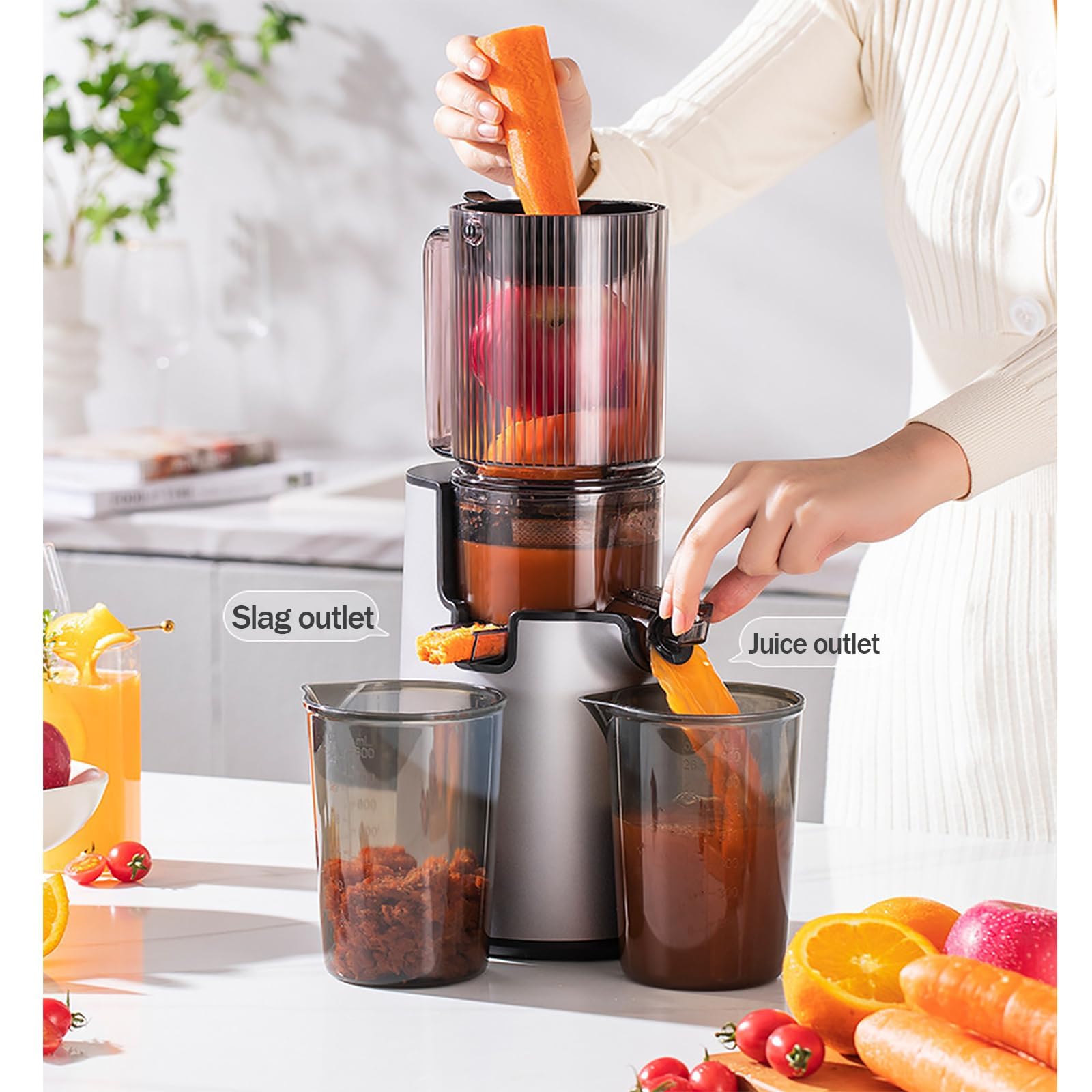 Presse-agrumes à froid, 1,5 L avec goulotte d'alimentation de 115 mm, construction en acier inoxydable pour une extraction saine du jus