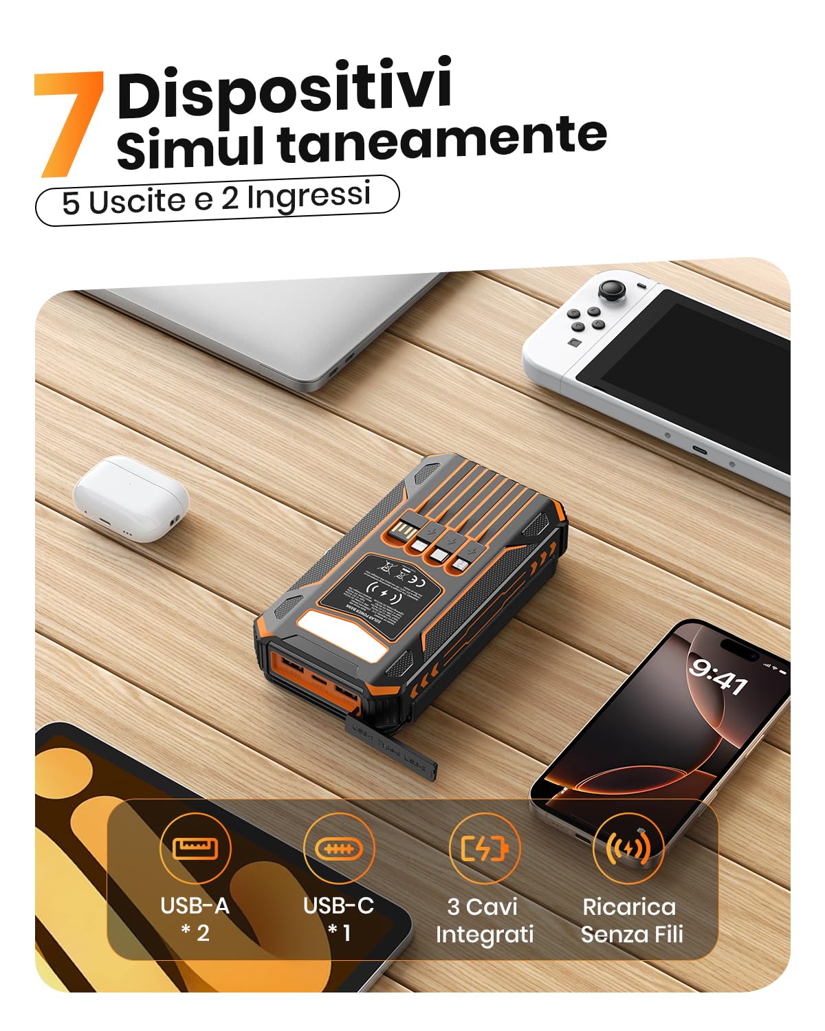 SOARAISE-Caricatore-Solare-Power-Bank-27000mAh - Impermeabile Caricabatterie Solare con 4 Cavi & 4 Pannelli Solares, PD QC 3.0 USB C Ricarica Rapida Batteria Esterna per Telefono (Arancione)