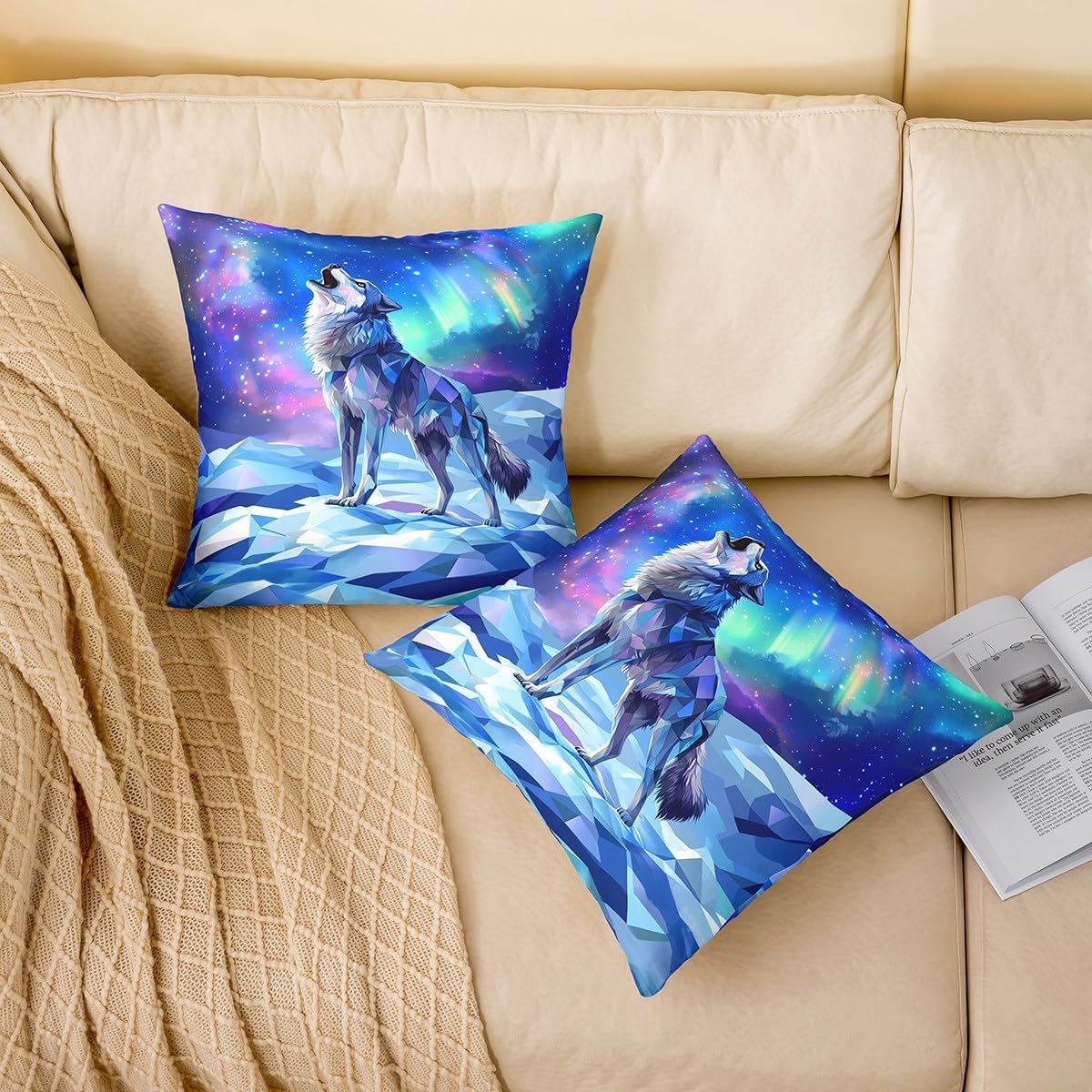 Erosebridal Wolf Cushion Covers,Aurora Starry Sky Stars Galaxy Decorative Accent Pillow Cases,Natural Iceberg Pillow Covers,Wildlife Safari Animals Print Throw Pillow Covers Set of 2,Blue,22X22 Inch