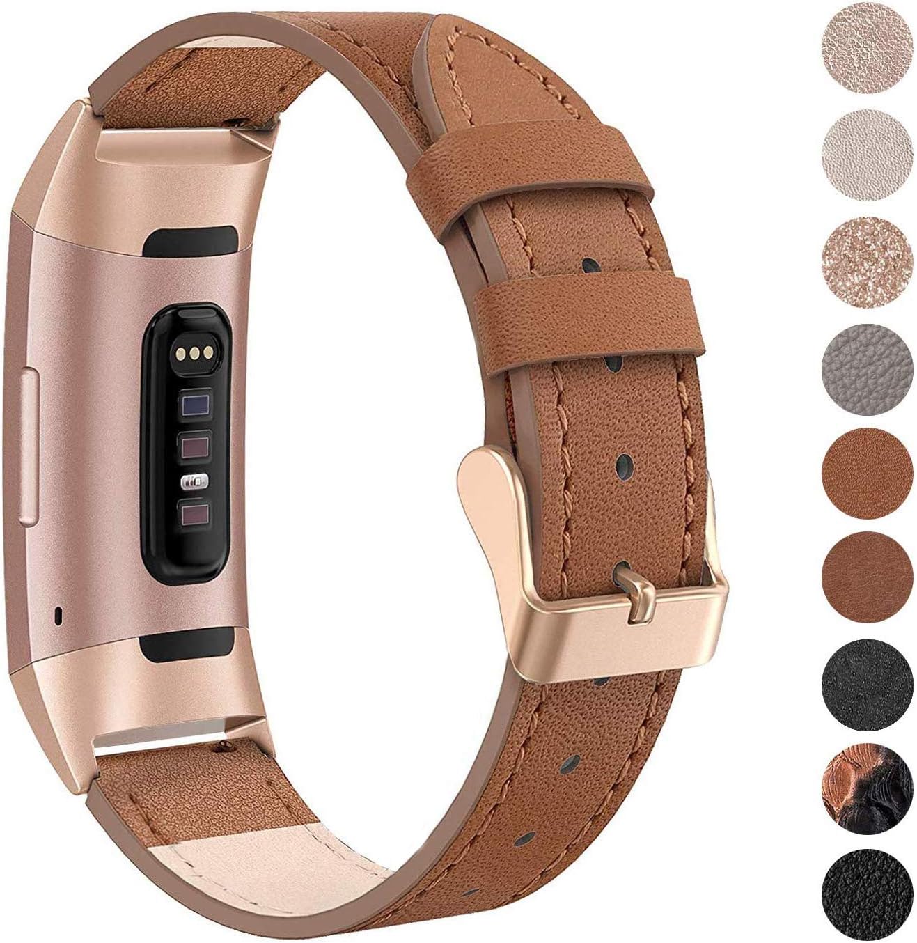 SWEES Leather Bands Compatible for Fitbit Charge 4, Charge 3 & Charge 3 SE Fitness Tracker, Genuine Leather Band Strap Wristband Replacement for Women Men Small Large, Black, Rose Gold, Beige, Brown