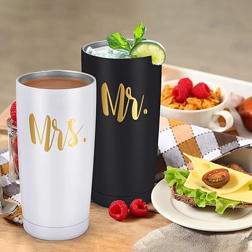 Miniatura 5 de Mr and Mrs - Juego de 2 vasos de viaje aislados de acero inoxidable con tapas, palabras doradas, regalos para recién casados, parejas, esposa,