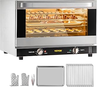 VEVOR Commercial Convection Oven, 47L/43Qt, Half-Size Conventional Oven Countertop, 1600W 4-Tier Toaster w/Front Glass Door, Electric Baking Oven w/Trays Wire Racks Clip Gloves, 120V