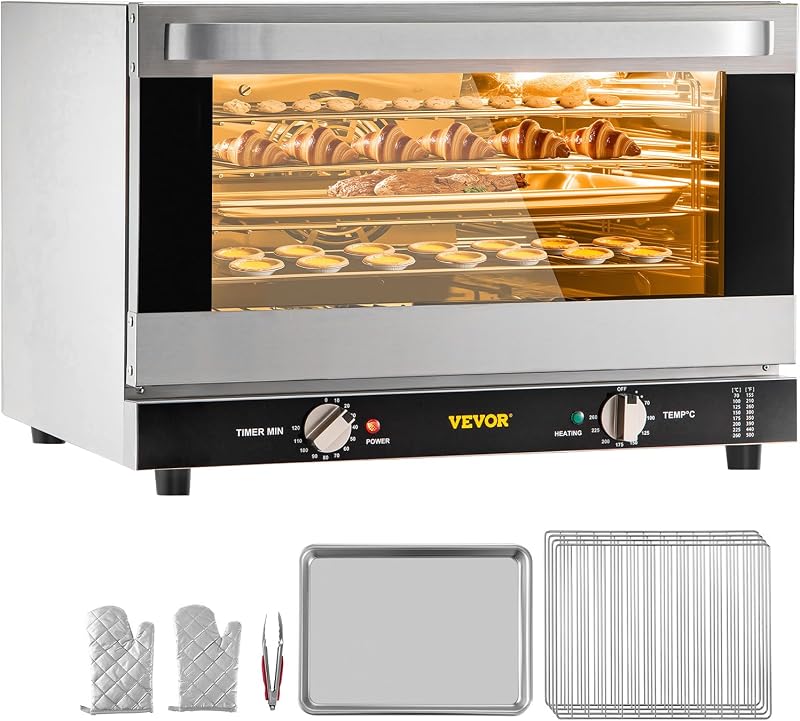 Commercial Convection Oven, 47L/43Qt, Half-Size Conventional Oven Countertop, 1600W 4-Tier Toaster w/Front Glass Door, Electric Baking Oven w/Trays Wire Racks Clip Gloves, 120V | for Restaurant Bakery, 1600W 4-Tier Countertop Electric Toaster, with Front Glass Door, Trays, Wire Racks, Clip Gloves, 120V