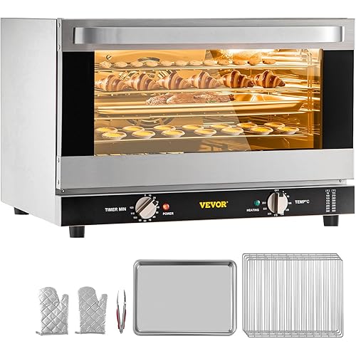 VEVOR Commercial Convection Oven, 47L/43Qt, Half-Size Conventional Oven Countertop, 1600W 4-Tier Toaster w/Front Glass Door, Electric Baking Oven w/Trays Wire Racks Clip Gloves, 120V