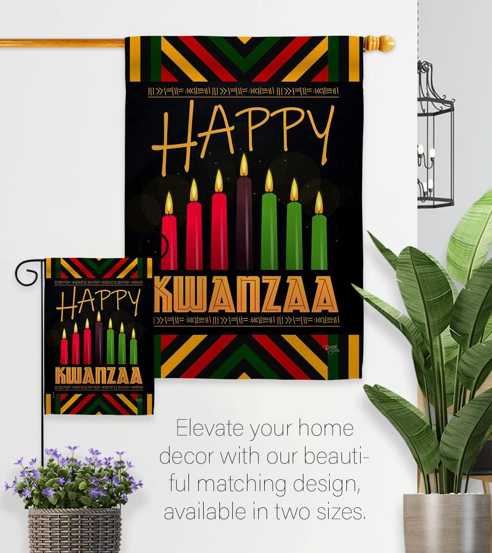 Breeze Decor Kwanzaa Greeting House Flag Dowel Set Winter Kinara Candles Celebrates African Americans Heritage Decoration Banner Small Garden Yard Gift Double-Sided, Made in USA