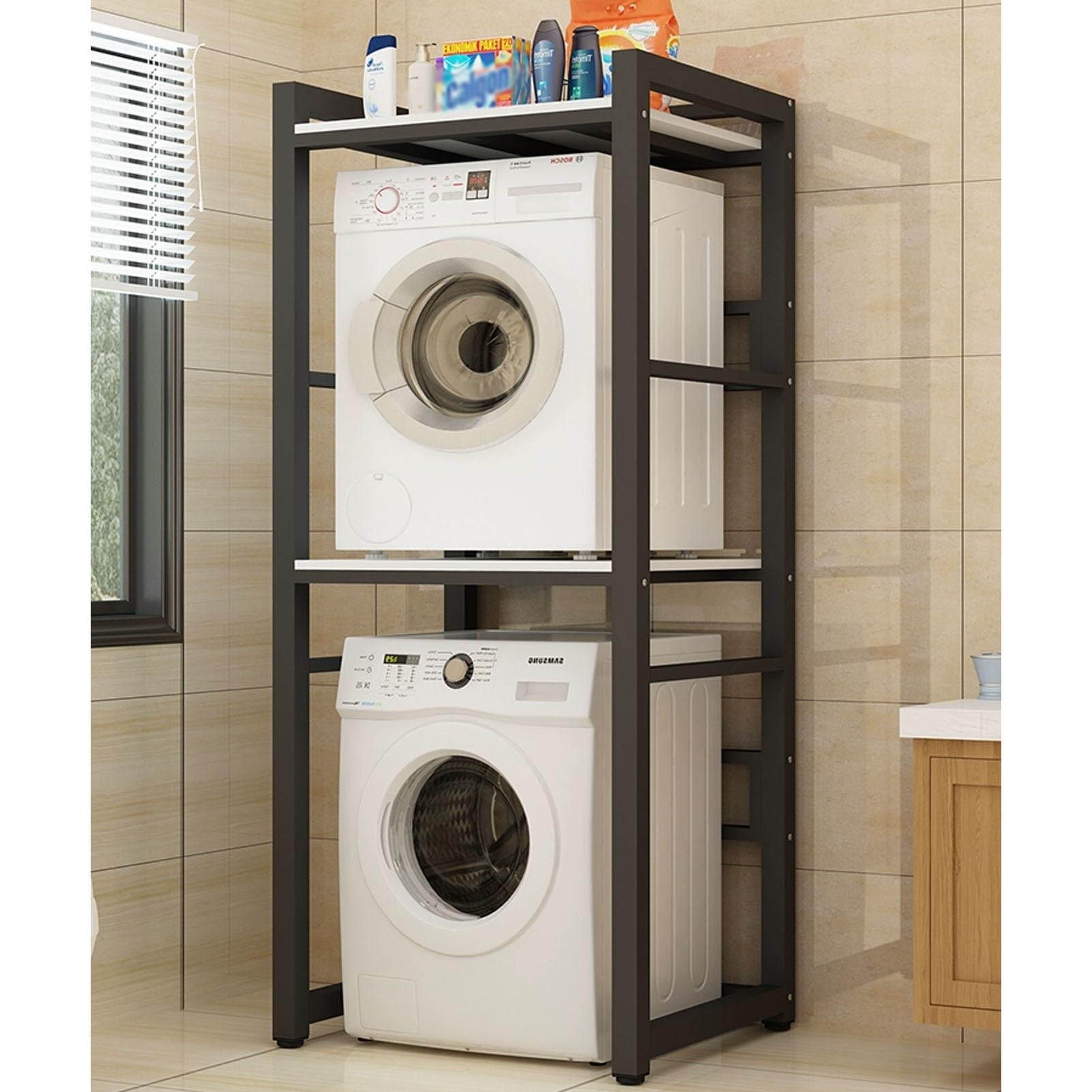 Soporte Lavadora Secadora Estante Apilable para Lavadora y Secadora con Estructura de Acero. Estante de Almacenamiento Apilable para Lavadora y Secadora. Encimera de Madera de Altura Ajustable(Black)
