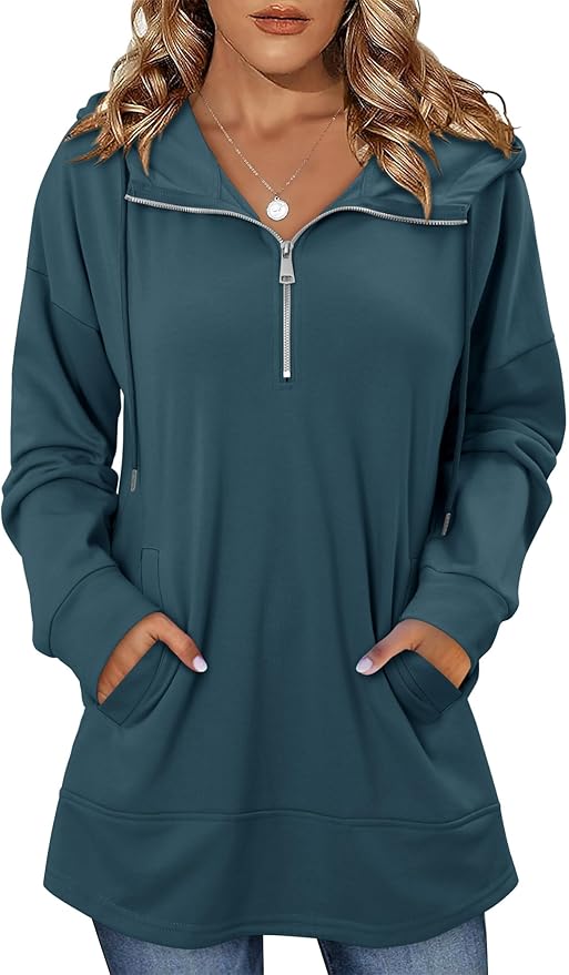 onlypuff Women Hoodie Pullover Trendy Quarter Zipper Lapel Sweatshirts Drawstring Cute Hooded Tunic Tops with Side Pockets