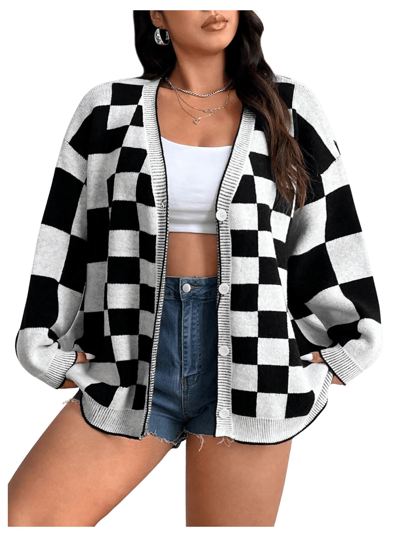 Verdusa Womens Plus Size Checkered Plaid Button Down Cardigan Long Sleeve Drop Shoulder Sweaters