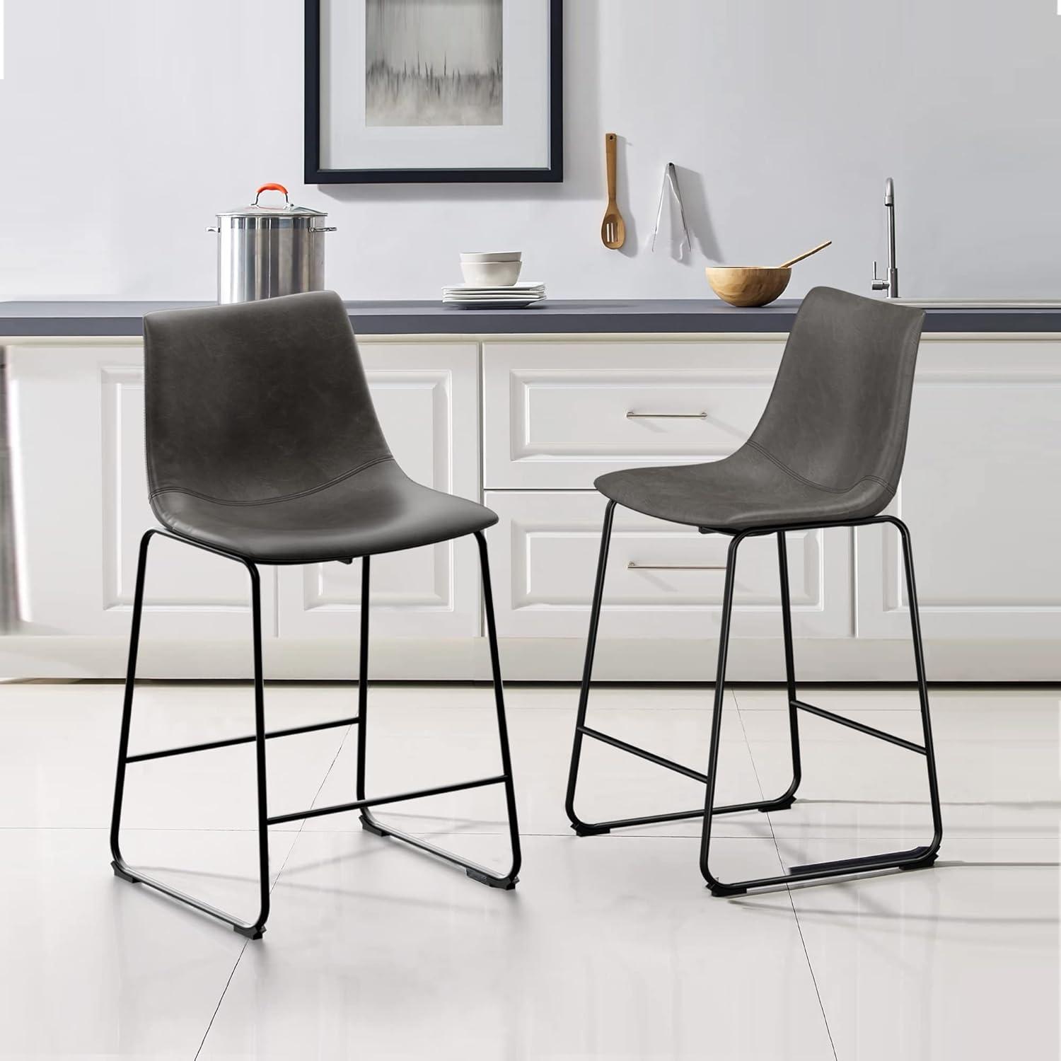 NicBex Retro Bar Stools Crazy-Horse Leather with Metal Legs Barstools, Lounge Kitchen Island Counter Stools, Set of 2, (Grey Color) (A-GE17019-USSU014)