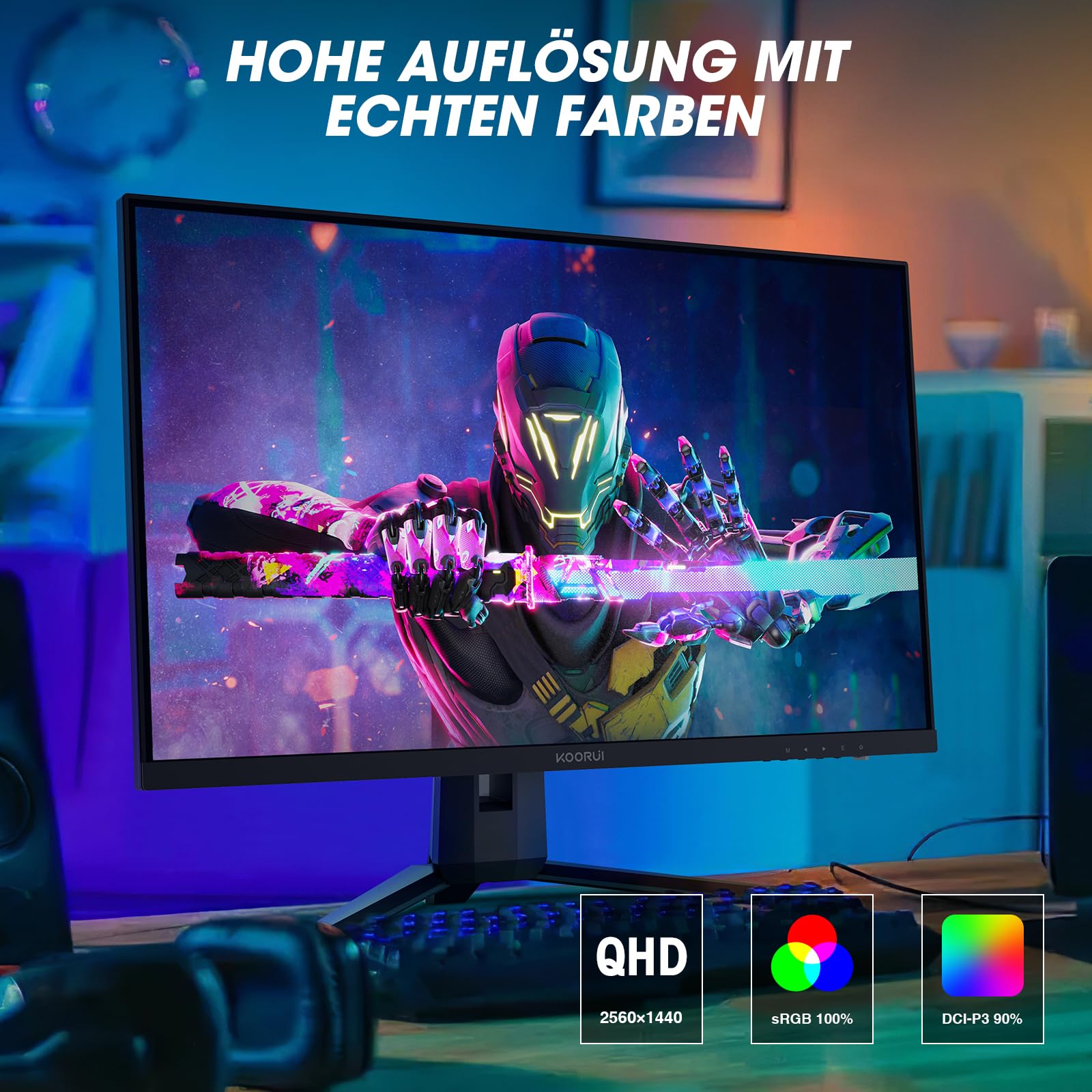 KOORUI Monitor Gaming 27 pollici, QHD 144 Hz Schermo, 1ms, DCI-P3 90% Farbumfangs, Adaptive Sync, 2560x1440, HDMI, DisplayPort, Eye-Care, VESA 75 x 75