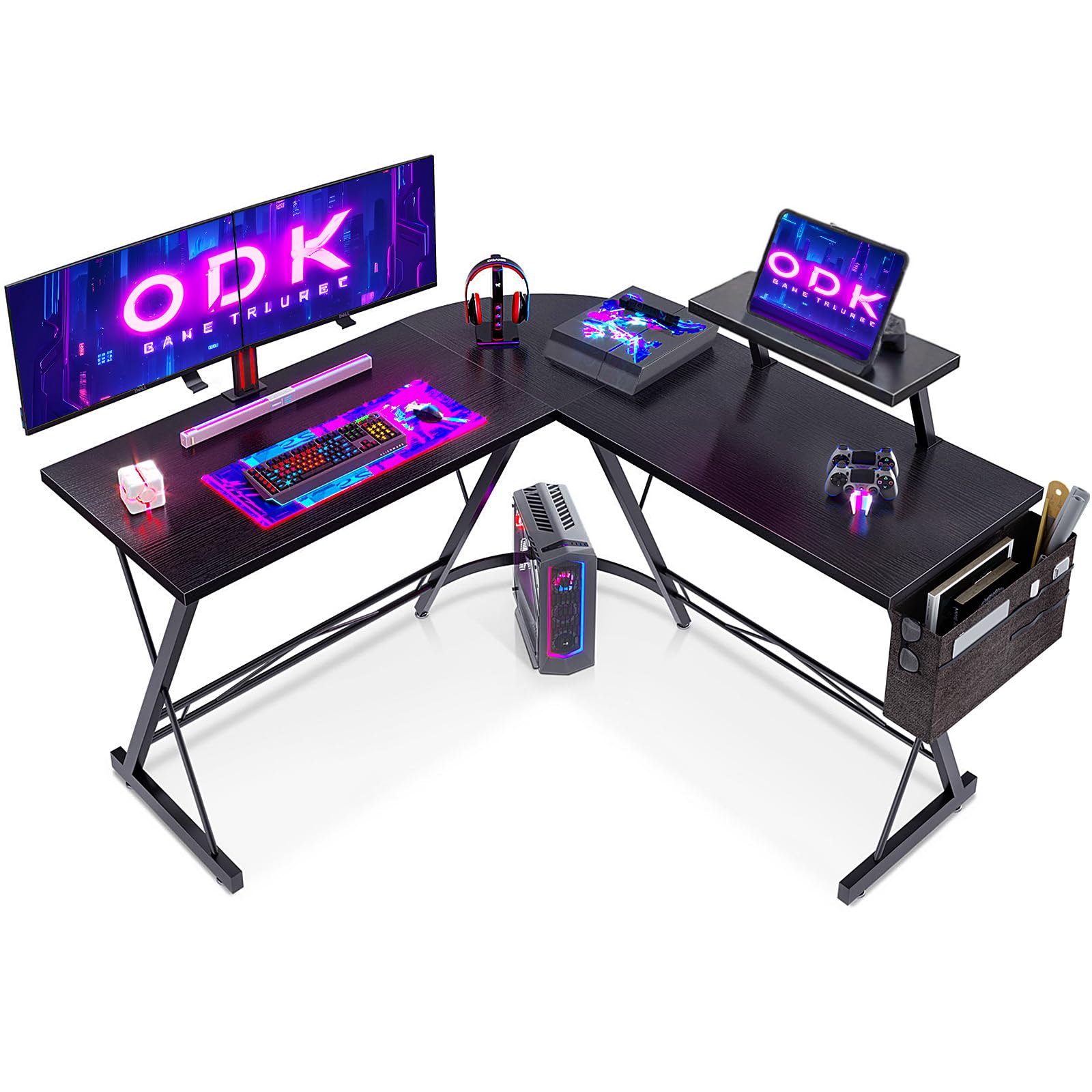 L Shaped Gaming Desk with Monitor Stand, 127x127x75 cm Computer Desk with Storage Bag, Corner Desk for Gaming, Home, Office, Black