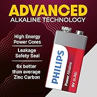 Vista 3 de PHILIPS Baterías de 9 voltios: batería alcalina de 9 V, paquete de 12 unidades, potencia de larga duración de hasta 5 años de almacenamiento, diseño