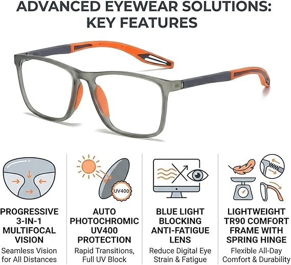 Progressive Multifocus Reading Glasses For Men And Women Photochromic Cheaters Anti-Blue Light With Spring Hinges Readers, Sporty Design, Anti UV(Gray/Orange,1.0x)