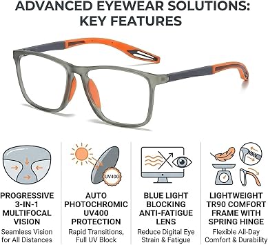 Progressive Multifocus Reading Glasses For Men And Women Photochromic Cheaters Anti-Blue Light With Spring Hinges Readers, Sporty Design, Anti UV(Gray/Orange,1.0x)