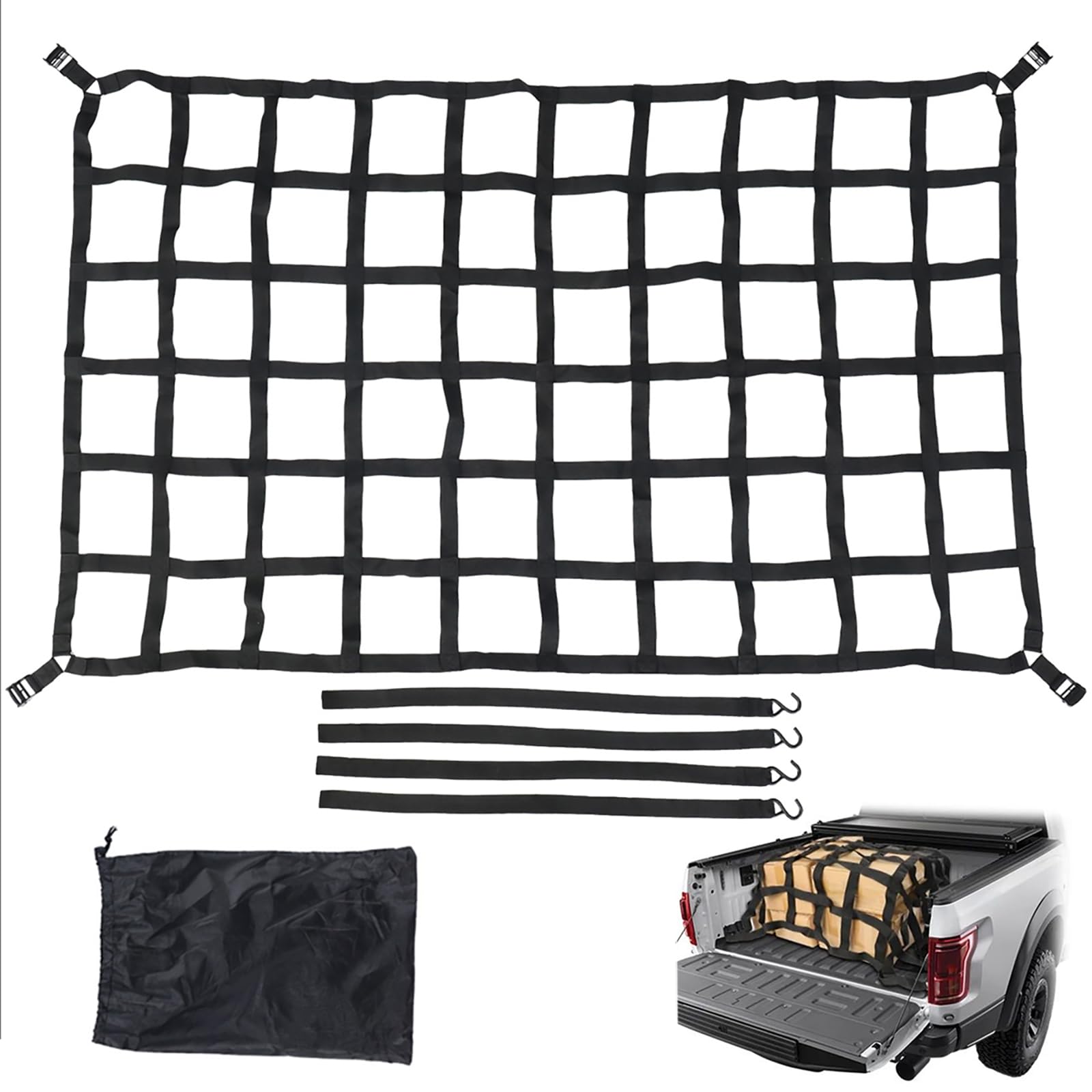 Red De Carga Pesada,208x127cm,Resistente a Las Grietas,4 Correas,Adecuado para Camiones,Remolques,Camionetas,SUV,Etc.,Negro
