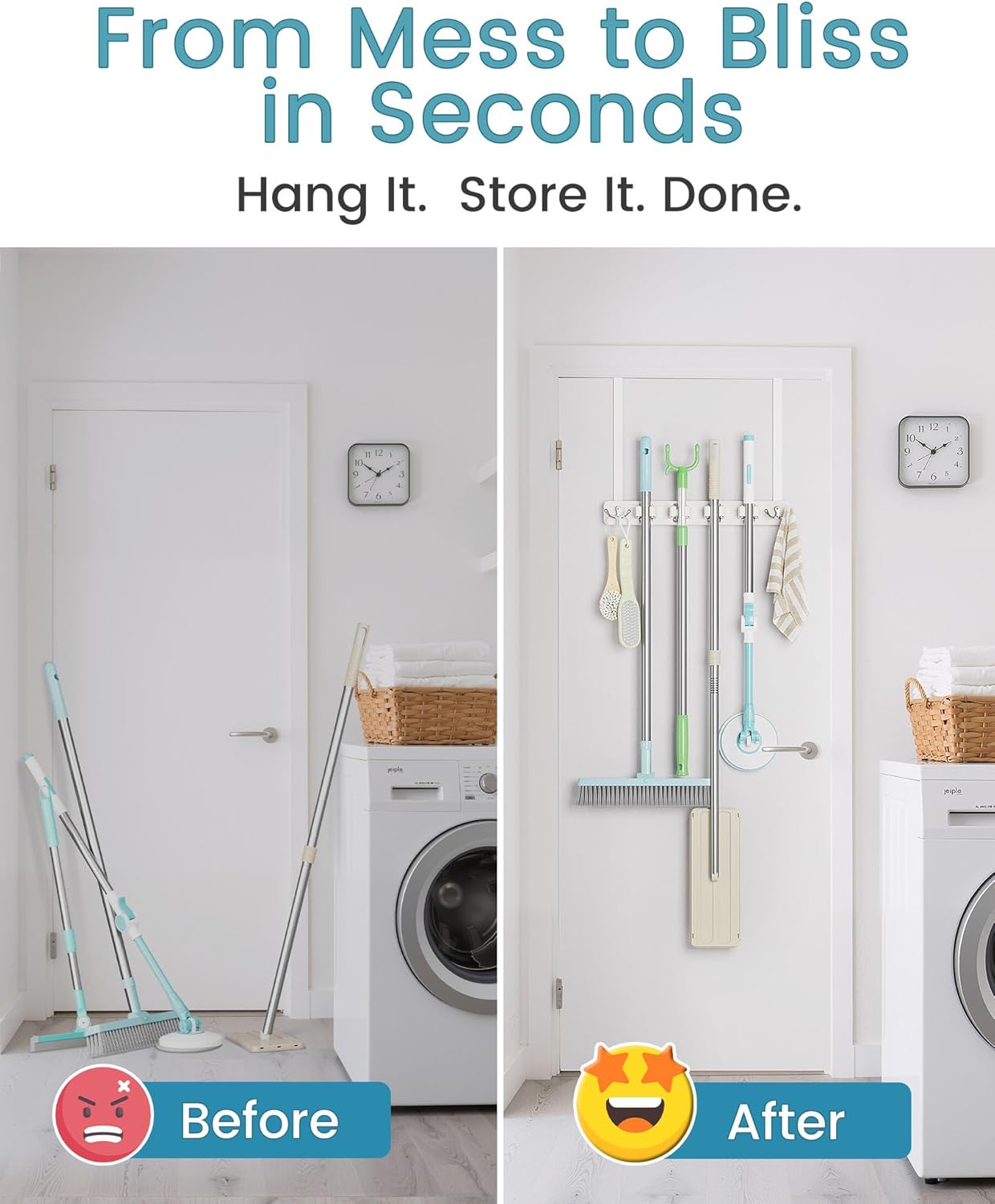HULISEN Broom Holder Door Mount, Over the Door Broom and Mop Holder with 0.6" Thick Pads, Wood Mop Organizer Tool Hanger with 4 Racks & 2 Hooks for Laundry Cabinet Kitchen Garage, No Drills