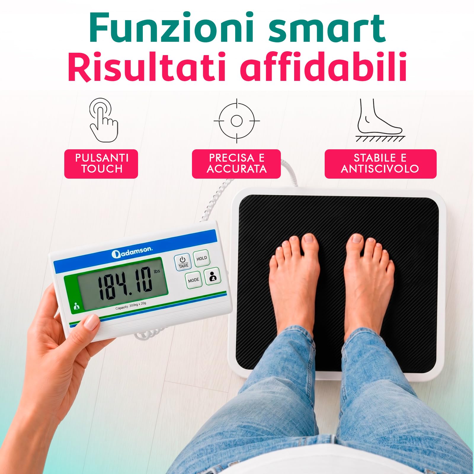 Bilancia Pesapersone Professionale Adamson – Bilancia Medica Extra Larga 300 kg con Alta Precisione di 10 g – Bilancia Digitale Bariatrica per Casa, Clinica o Ospedale – Alimentazione USB o 3×AA