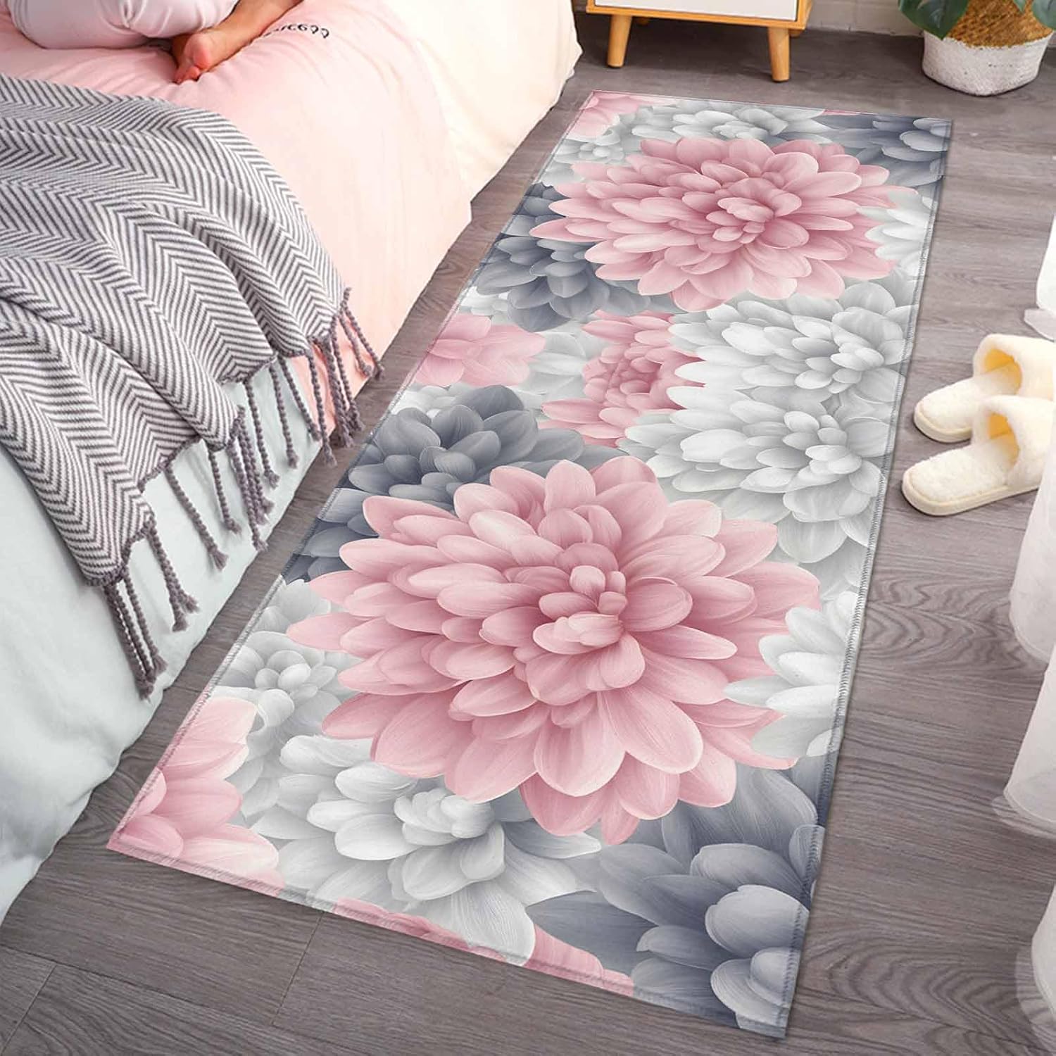 Kitchen Runner Rug, Spring Pink Gray Flower Non Slip Runner Carpet Door Mats Floor Mat for Laundry Bedside Bathroom Bedroom 18"X47.2"