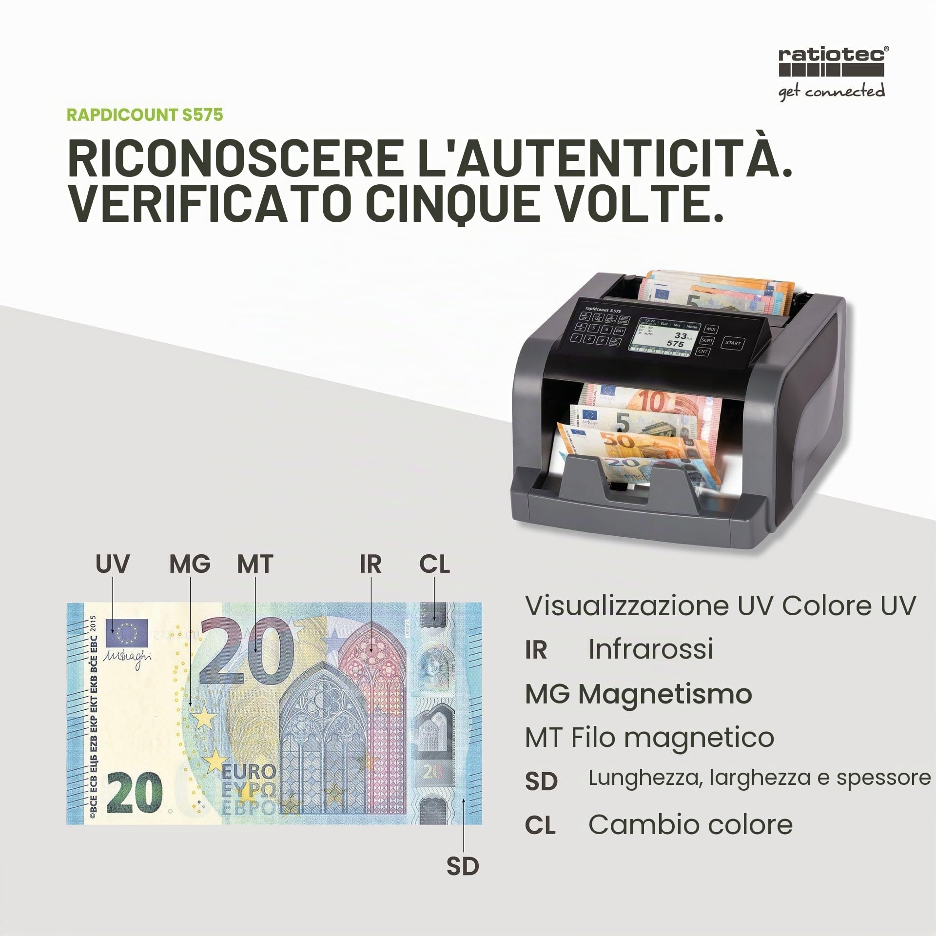 ratiotec macchina contabanconote rapidcount S 575 per banconote miste con valutazione in nero