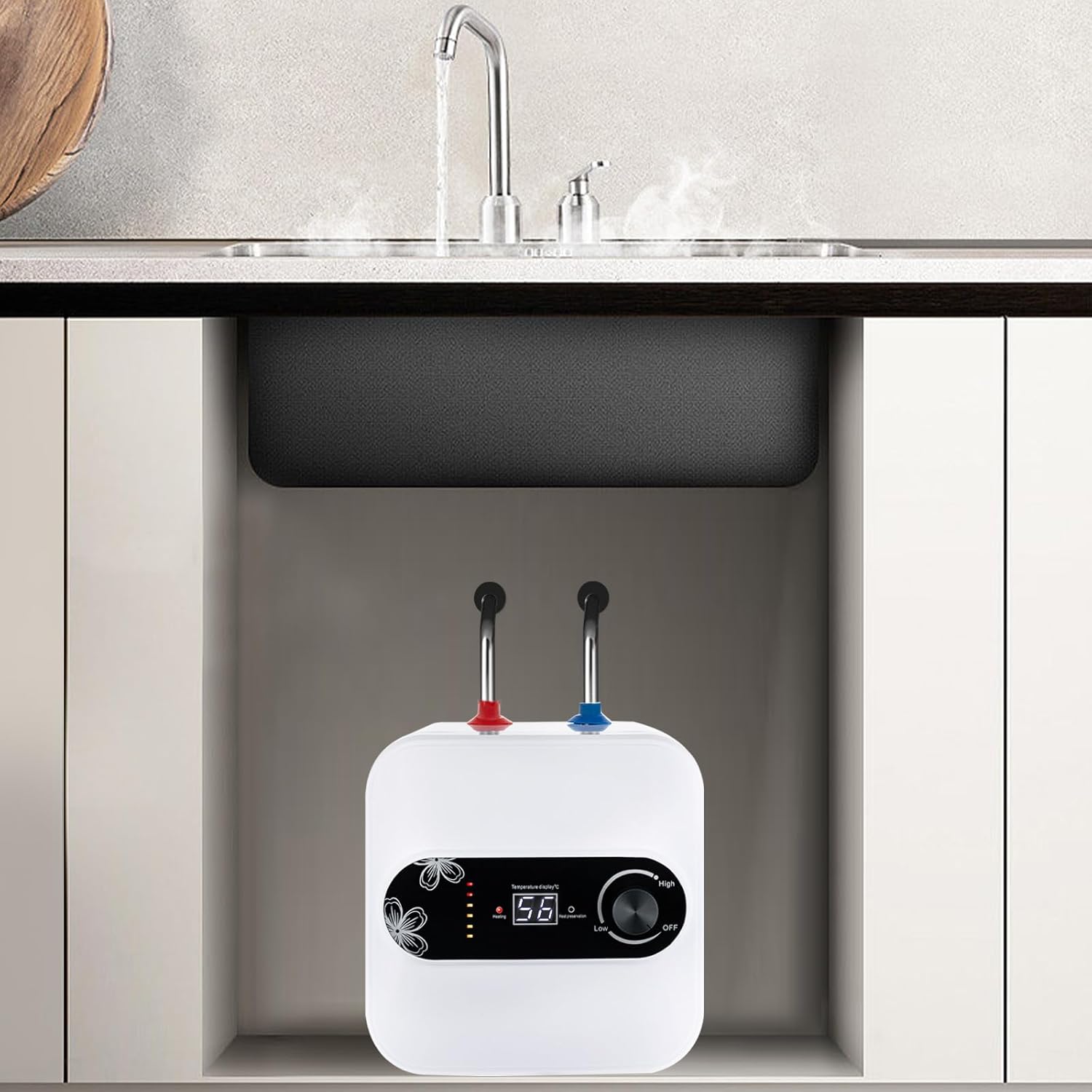 MINRS SY-8 water heater installed under a sink, with steam visible from the faucet, indicating hot water operation.