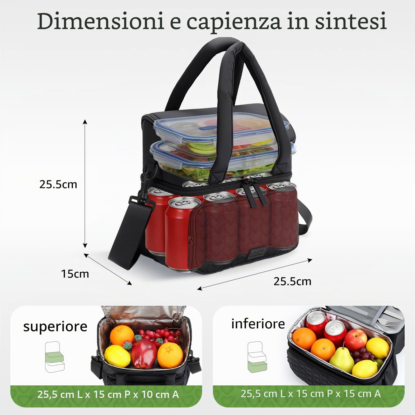 Doppio Piano Borsa Termica Porta Pranzo 11L - Isolata e Impermeabile Borsa Frigo Porta Pranzo Ufficio, Borsa Tote Portatile Ideale per Ufficio, Palestra, Yoga, Picnic, Viaggi, Nero