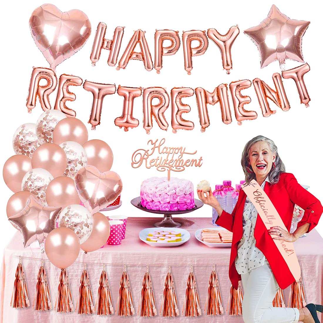 49pcs Retirement Party Decorations for Women Rose Gold Happy Retirement Banner Cake Topper Retired Sash Rose Gold Confetti Balloons Latex Balloons Rose Gold Tassels Retirement Party Supplies