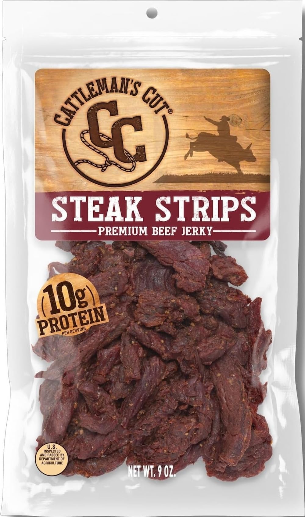 Cattleman's Cut Steak Strips Beef Jerky, Texas Style Flank Steak, Premium Marinated Steak High Protein Meat Snacks, Keto Friendly, Gluten Free, Carnivore Travel Snack, Resealable Bag, 9 Ounces