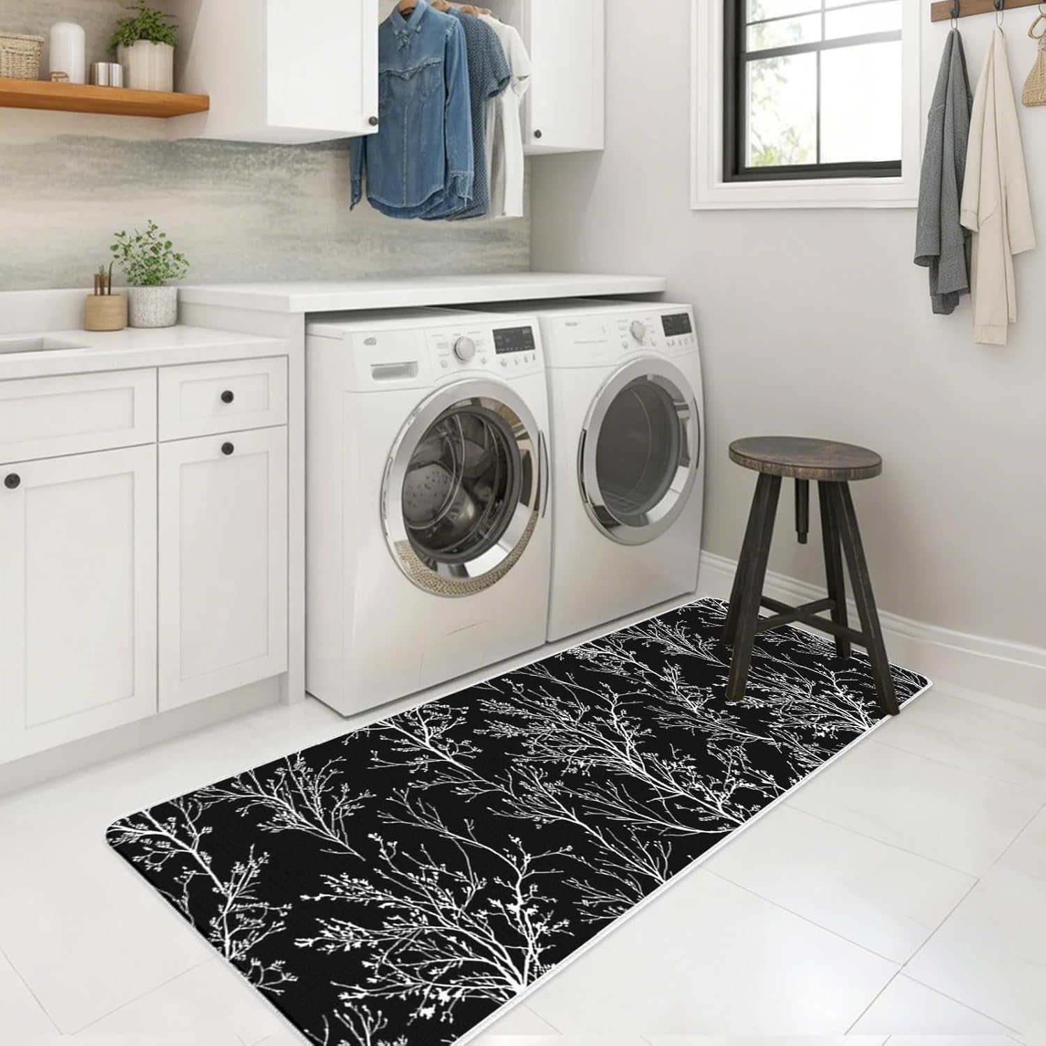 Black Art Kitchen Mats Set of 2 White Tree Branch Botanical Abstract Plant Leaves Non Slip Mat Washable Floor Rug for Kitchen Sink Floor Laundry, 19.7"x31.5"+19.7"x63"