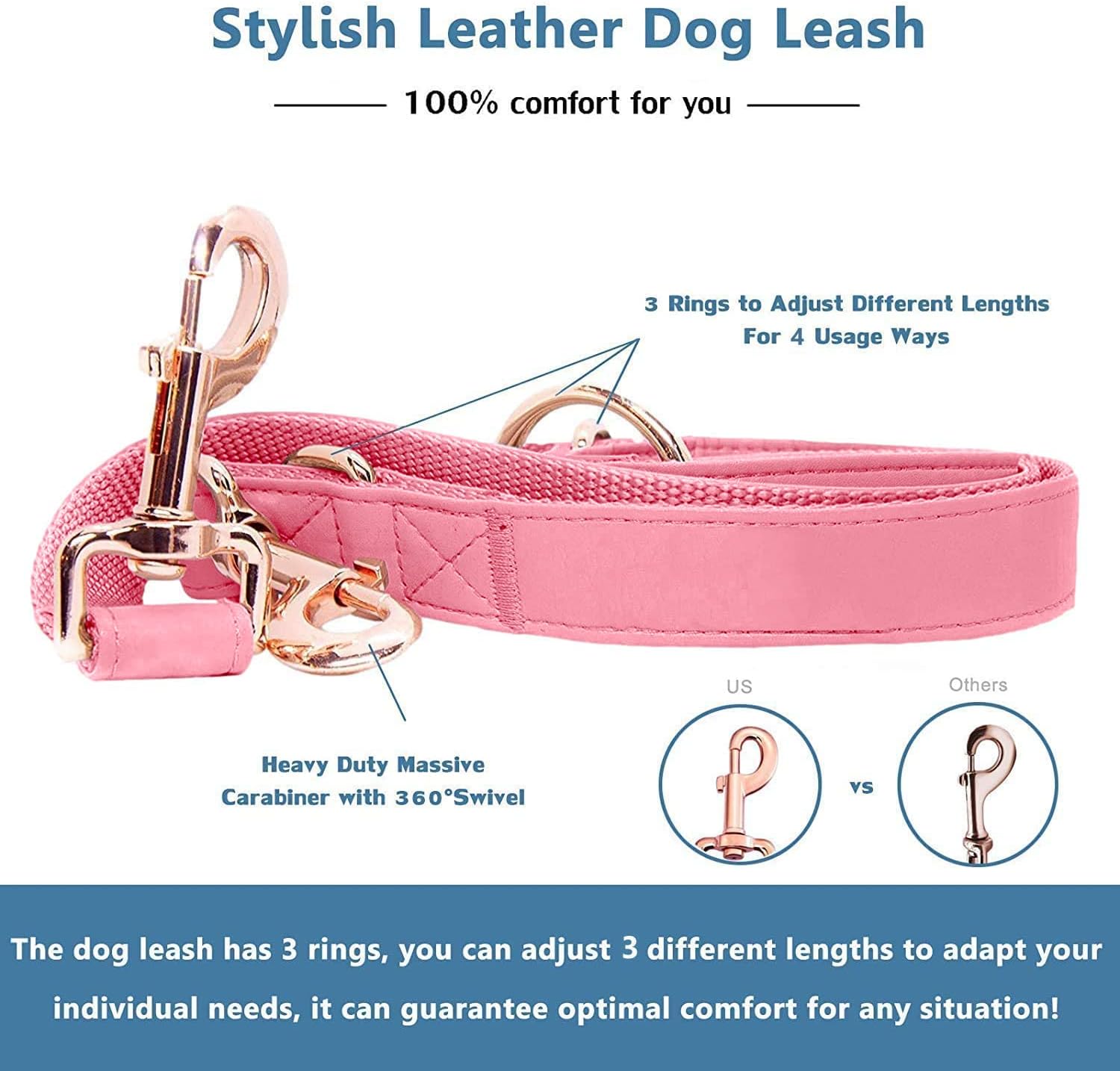 Soft Leather Dog Collar and Leash (6.6') Set - Stylish Rose Gold Heavy Duty Metal Buckle, 4 Adjustable Lengths Leash for Small Medium Large Dogs - Comfortable & Easy to Clean Dark Pink L(15.4"-24.8")