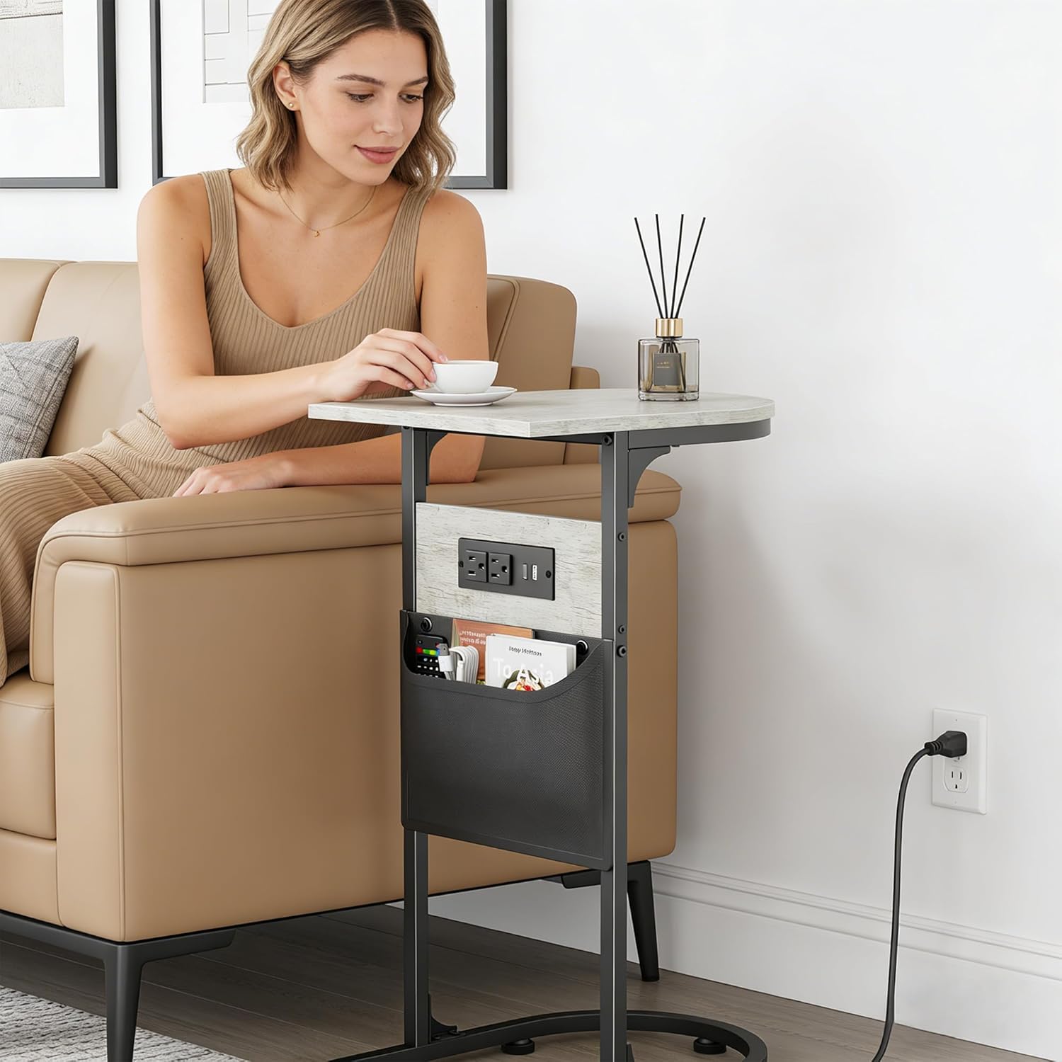 C Shaped End Table with Charging Station, Small Side Table for Couch, C Table for Sofa with Outlet Storage Bag, TV Tray Tables for Recliner Living Room Bedside Bedroom Small Spaces Greige