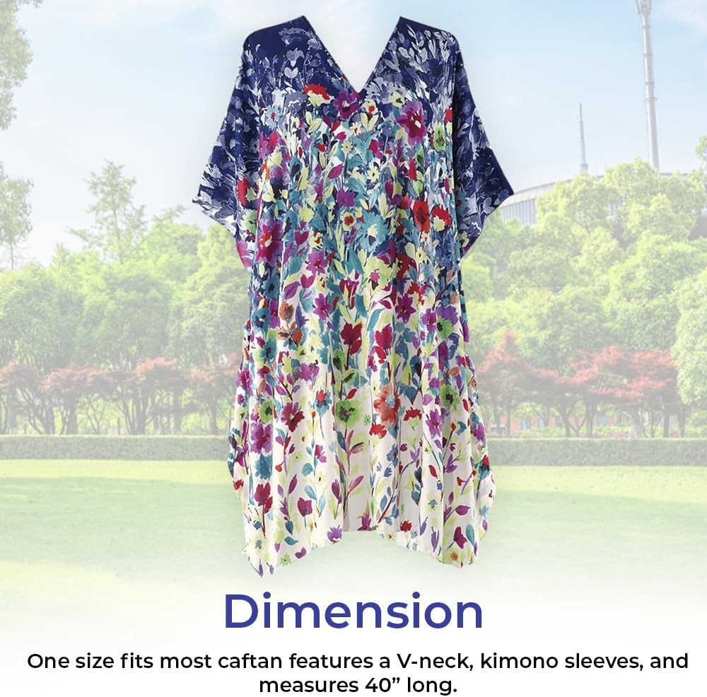SAGEFINDS Floral Caftan for Women, Short Swimsuit Beach Cover Up, V Neck Dress, Casual and Loose Loungewear Multi - Image 7