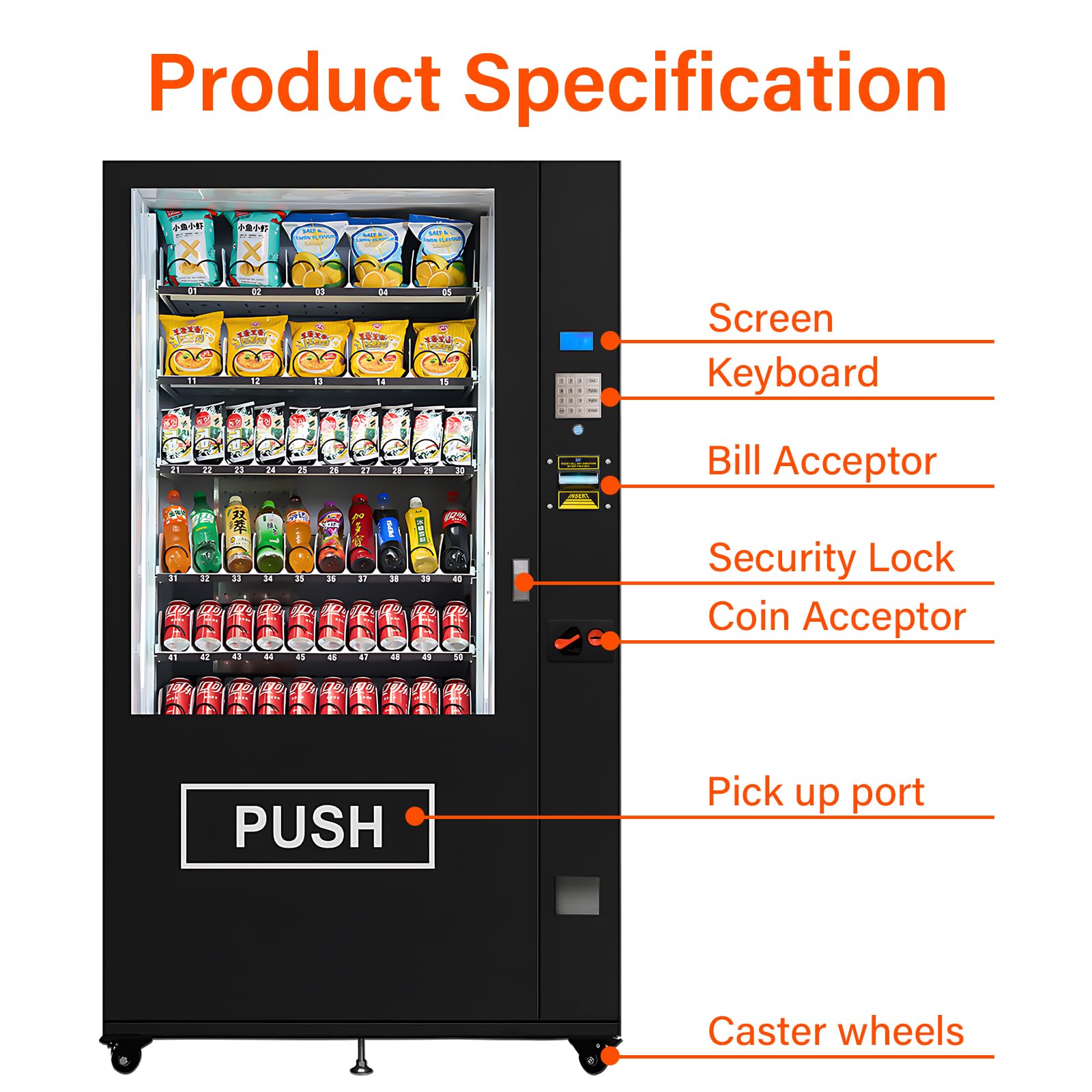Snack&Drink Vending Machines for Business, 60 Slots Combo Vending Machine with Bill&Coin Acceptor Temp Control, Energy Saving