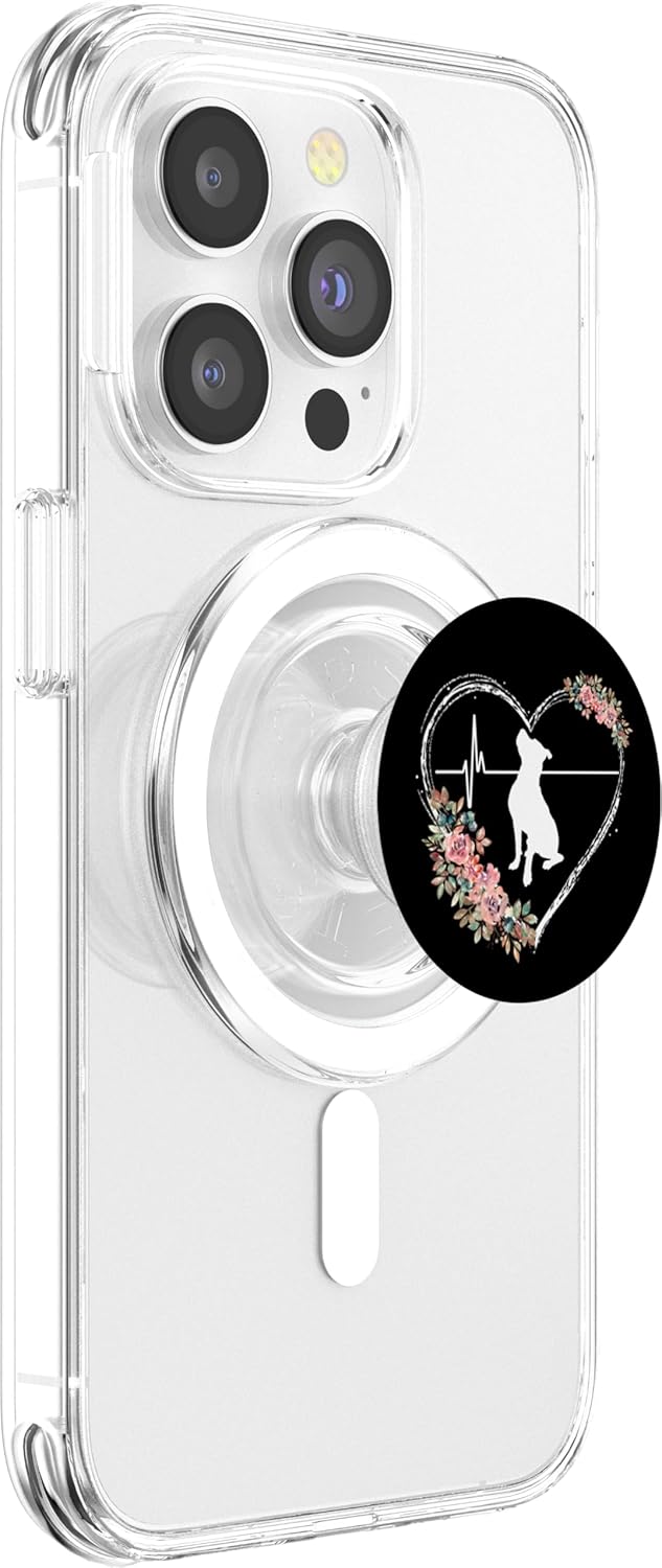 Pitbull Heartbeat With Flowers On Black PopSockets MagSafe PopGrip for iPhone