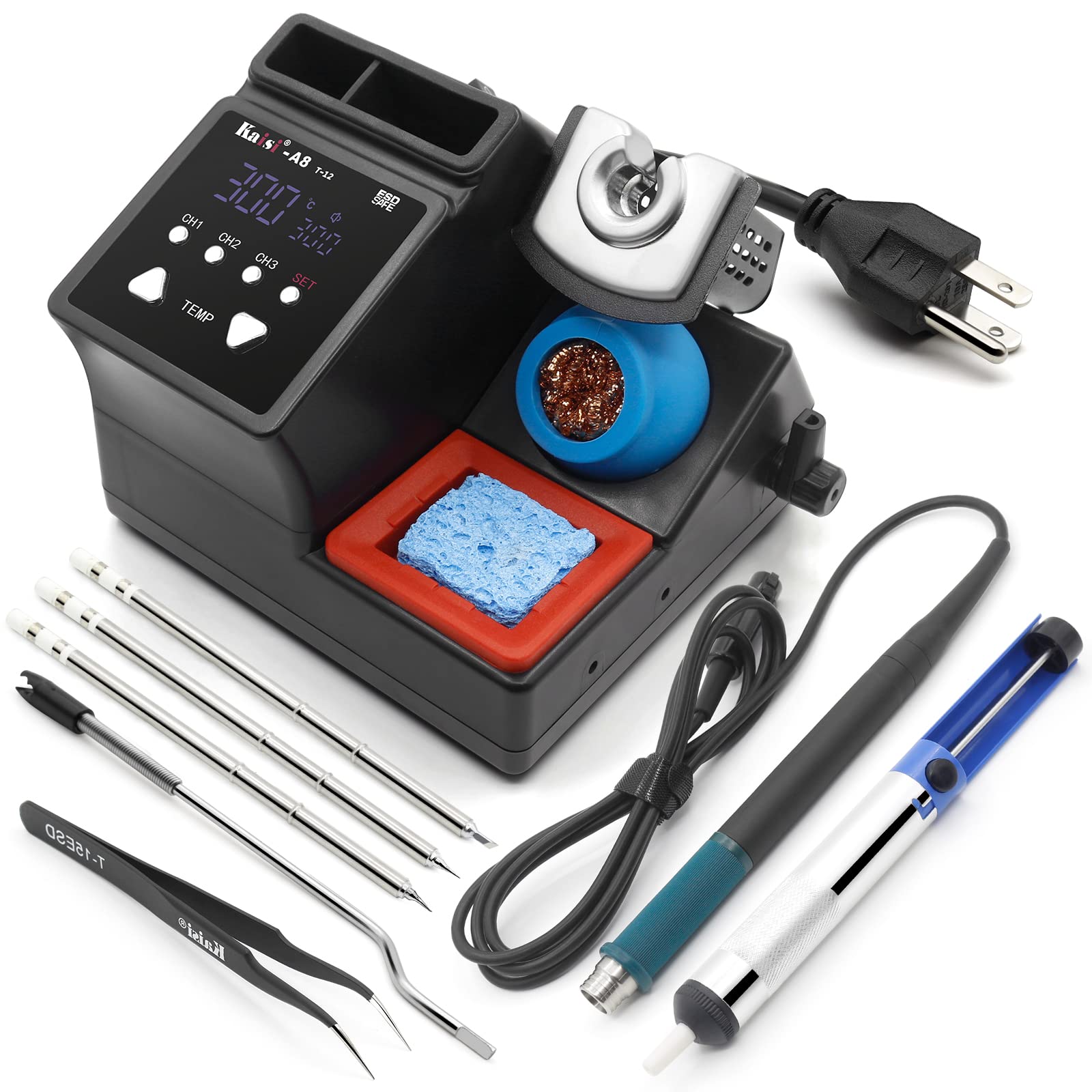 KaisiKS-A8 75W Display Soldering Iron Station Display Digital Soldering Iron Station Kit, 5 Seconds Rapid Temperature Rise 716°F, 3 Temperature Memory Storage, 392°F-842°F, 3 Soldering Iron Tips 110V