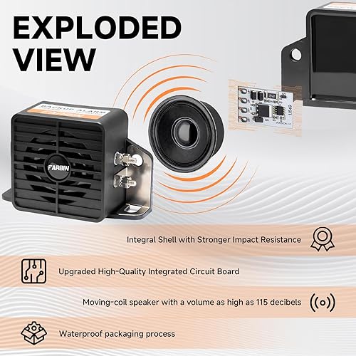 Miniatura 4 de FARBIN Alarma de respaldo para camión, 105 dB, 12 V-48 V, bocina de alarma inversa para automóvil con advertencia de timbre BIBI, impermeable,