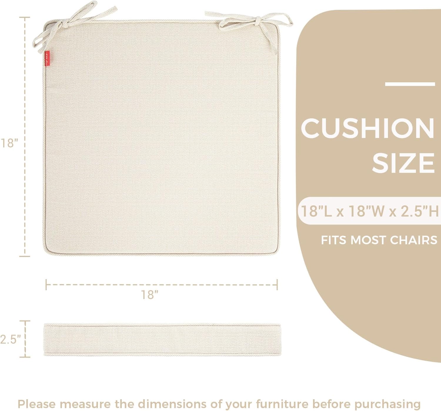 Patio Chair Cushion 18"x18"x2.5" for Patio Furniture, 2 Pack, Indoor/Outdoor Waterproof Square Corner Seat Cushion with Ties, Chair Pads for Garden Dining Office Sofa-Cream