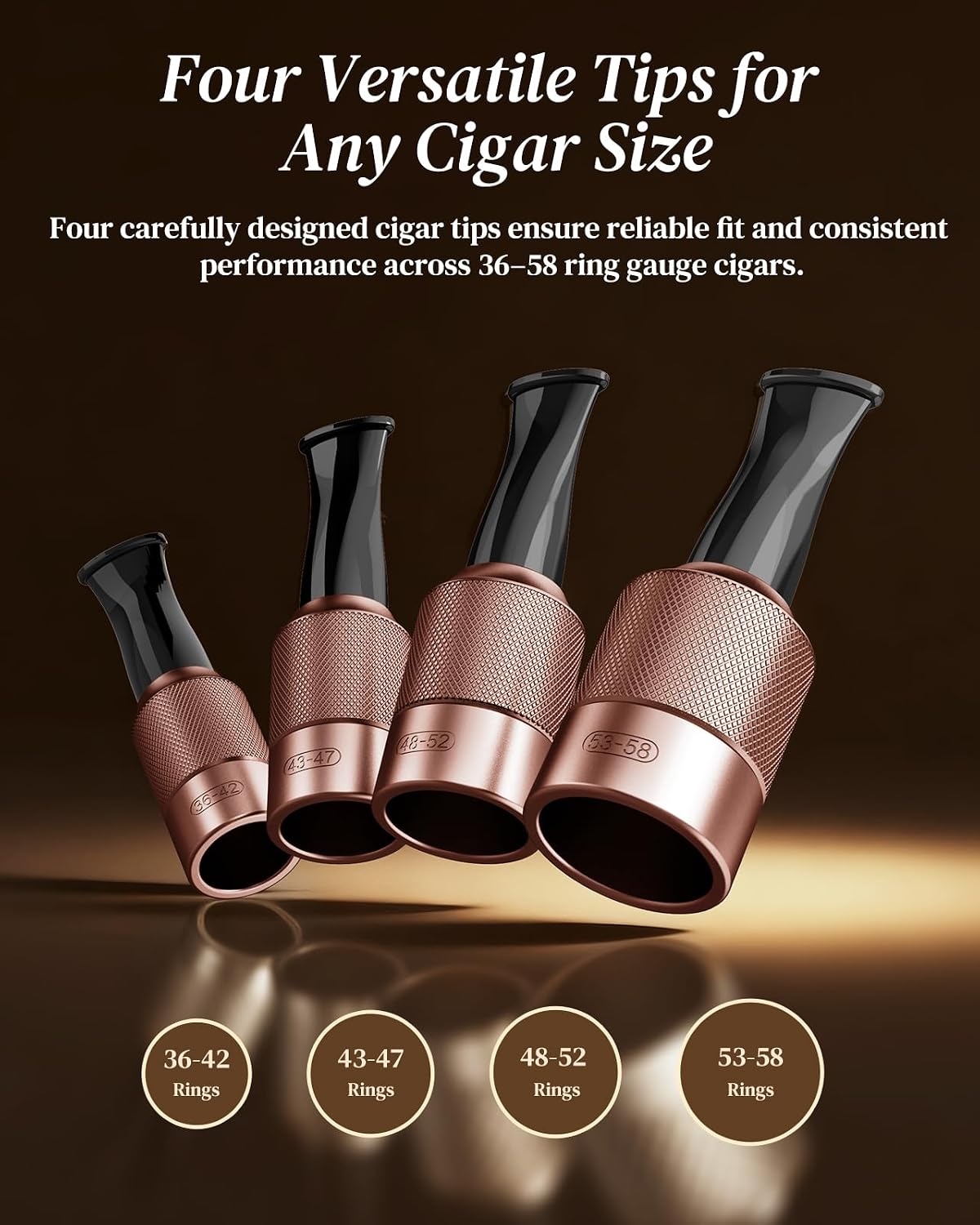 Cigar Holder & Mouthpiece Tips Set (36–58 Ring Gauge) – Reusable Metal & Resin Cigar Mouthpiece with Beech Wood Storage Base, Smooth Draw, Cigar Accessories Gift for Men and Women Brown