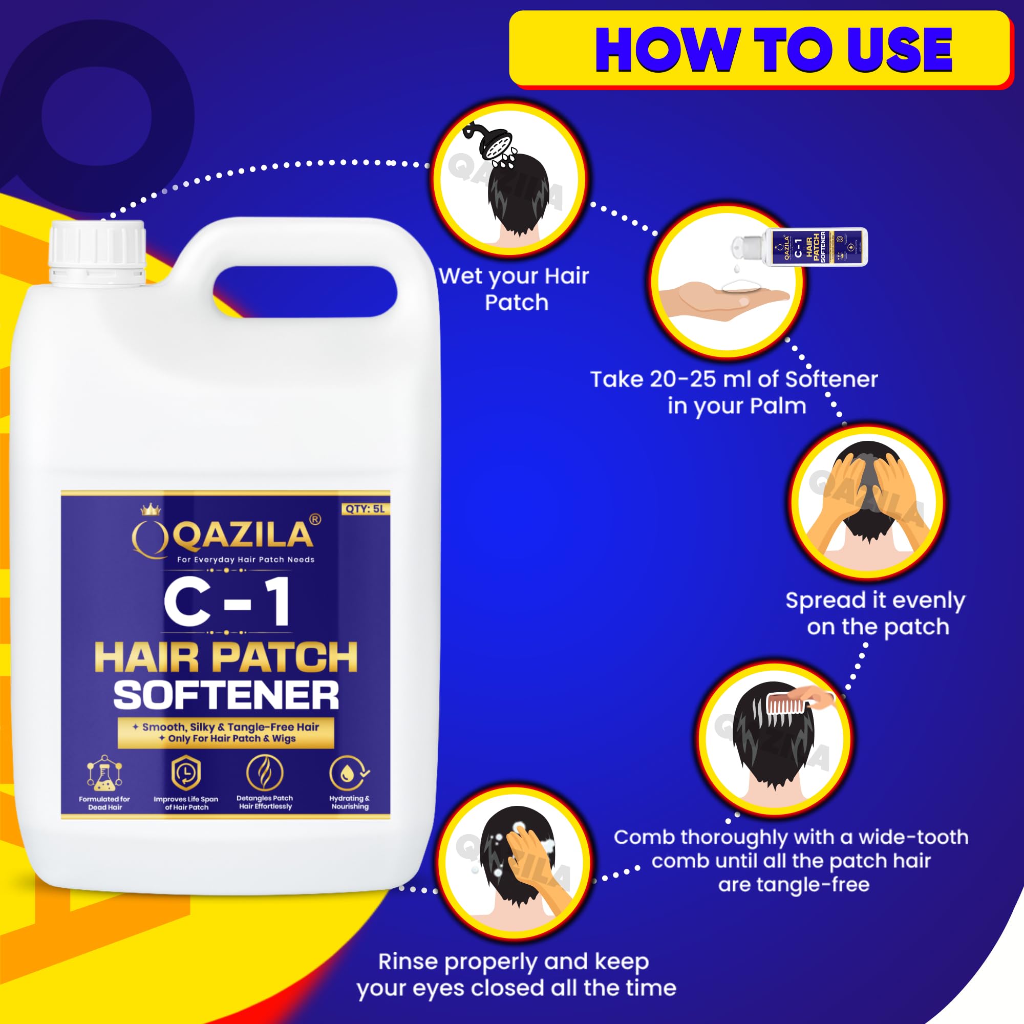 Qazila C-1 Hair Patch Softener | Hair Patch Conditioner | Hair Patch Wash Chemical | Soft, Silky and Tangle-Free Hair | 5 Litre 4